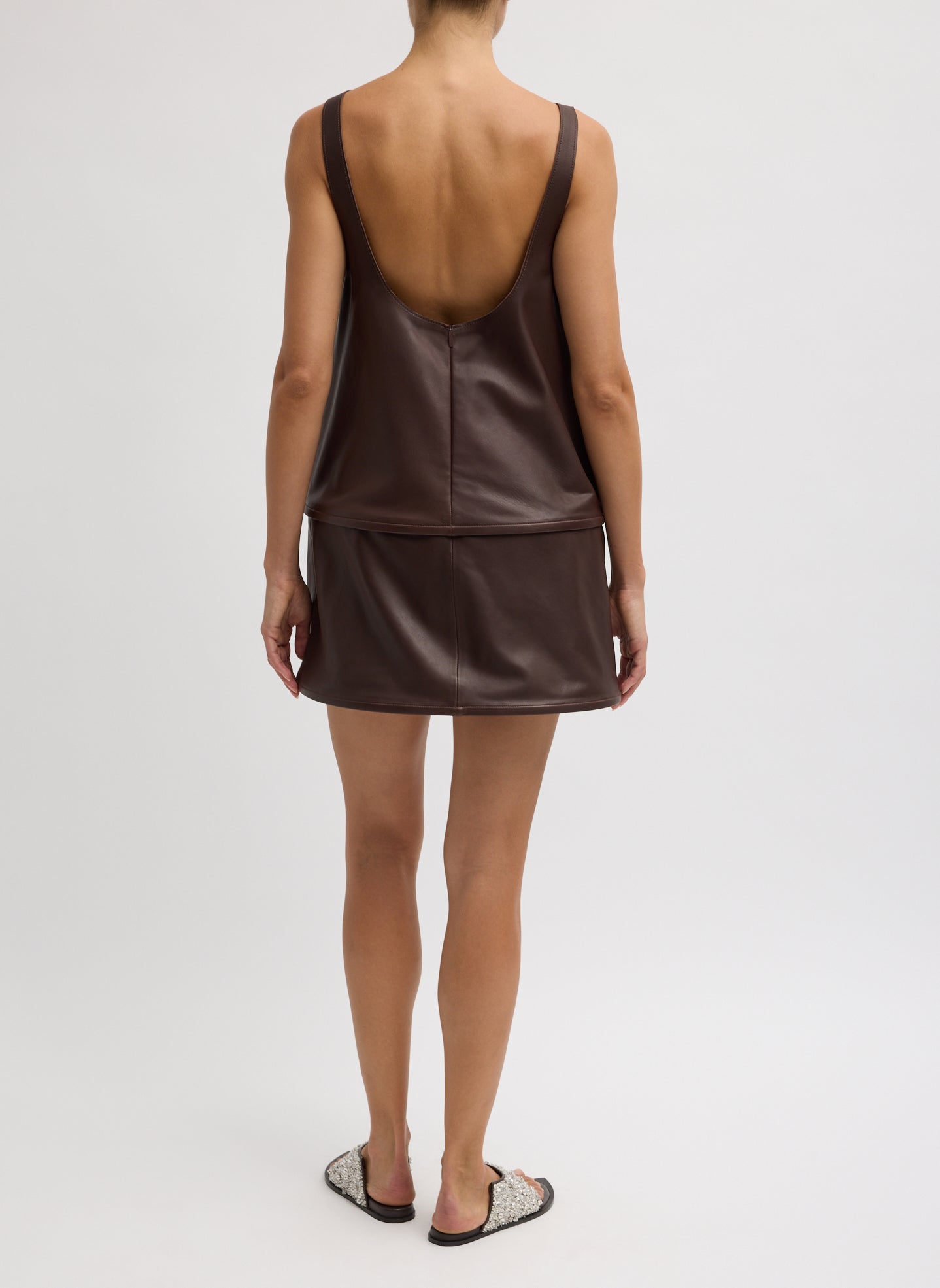 Brown Leather Sleeveless Hoop Dress - mini dress, back view on model