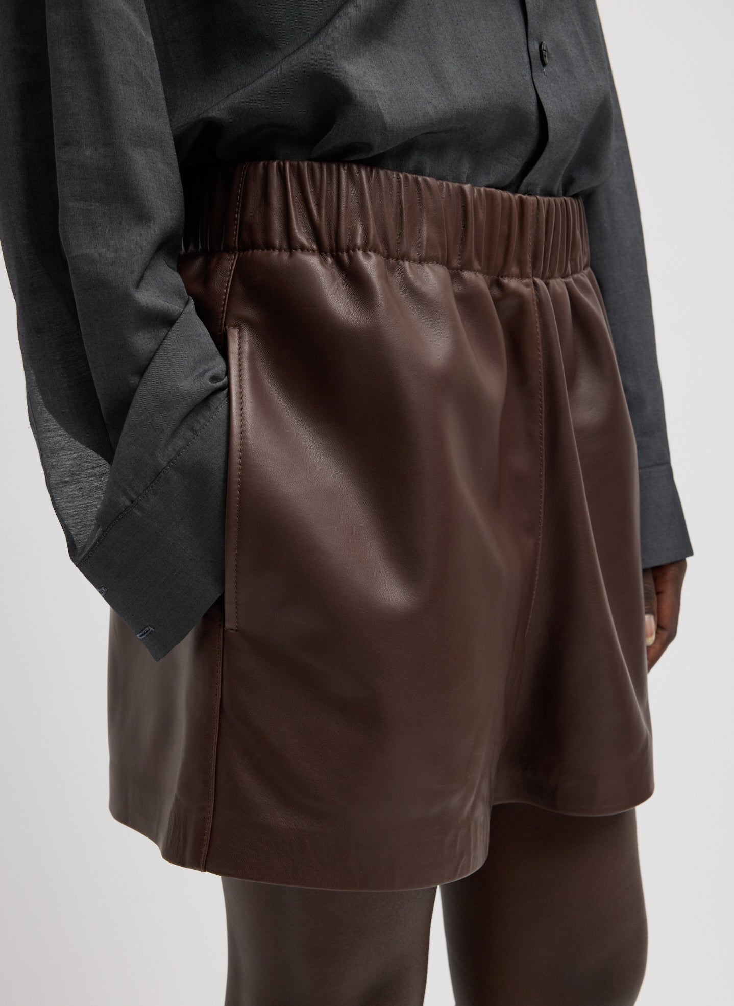 Brown Leather Pull On Shorts - closeup of side pocket detail