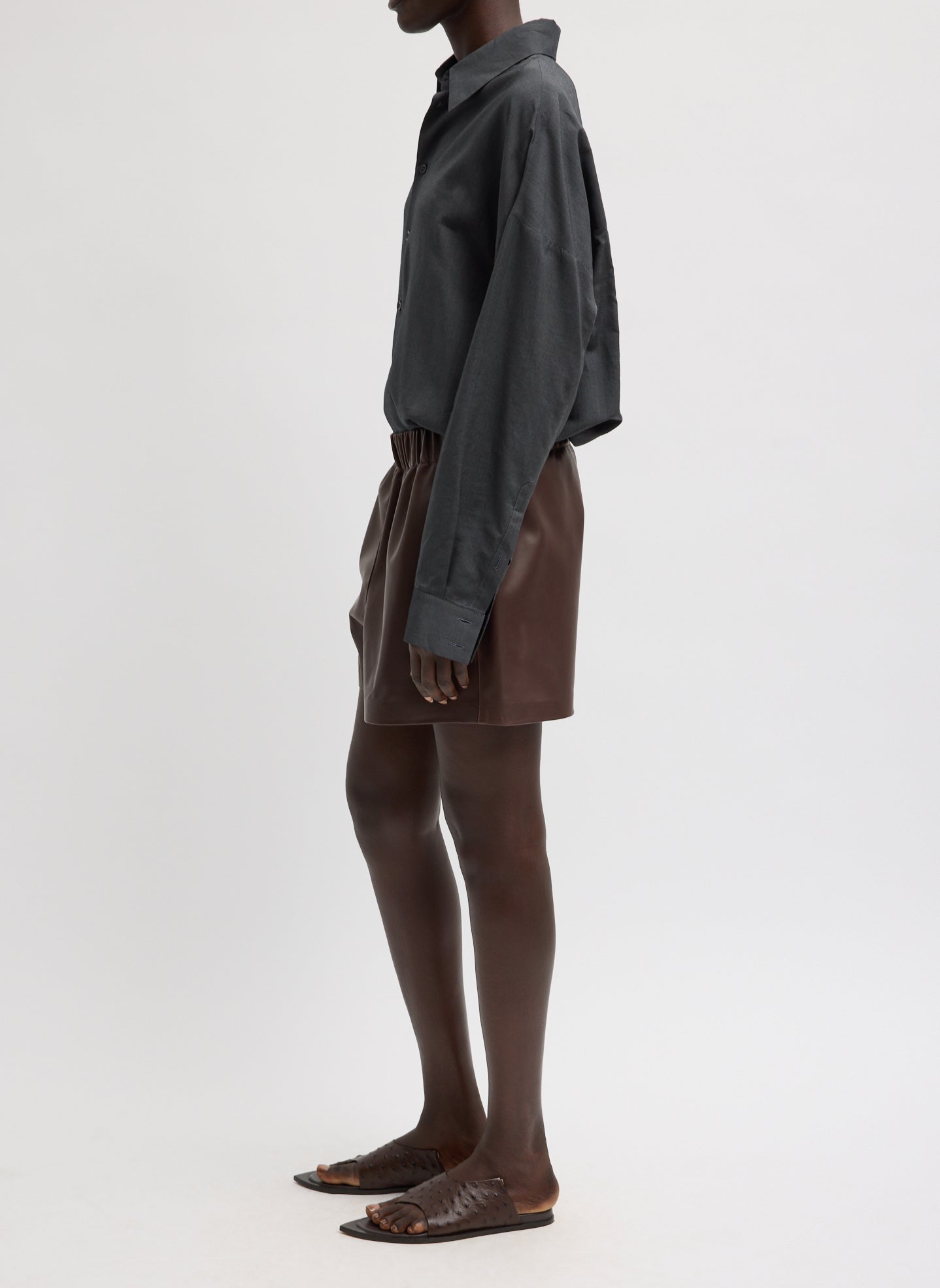 Brown Leather Pull On Shorts - full look, side view on model