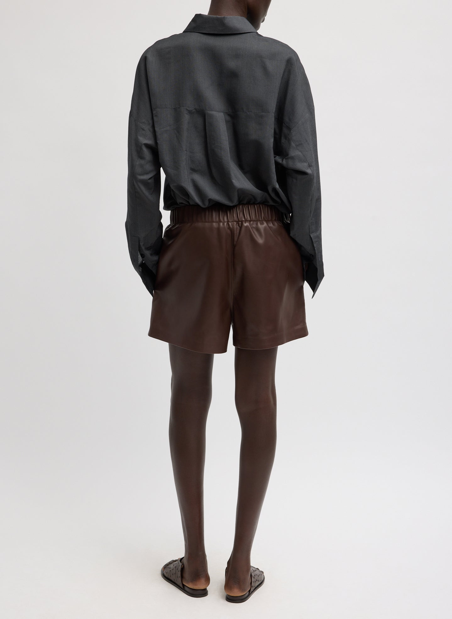 Brown Leather Pull On Shorts - full look, back view on model