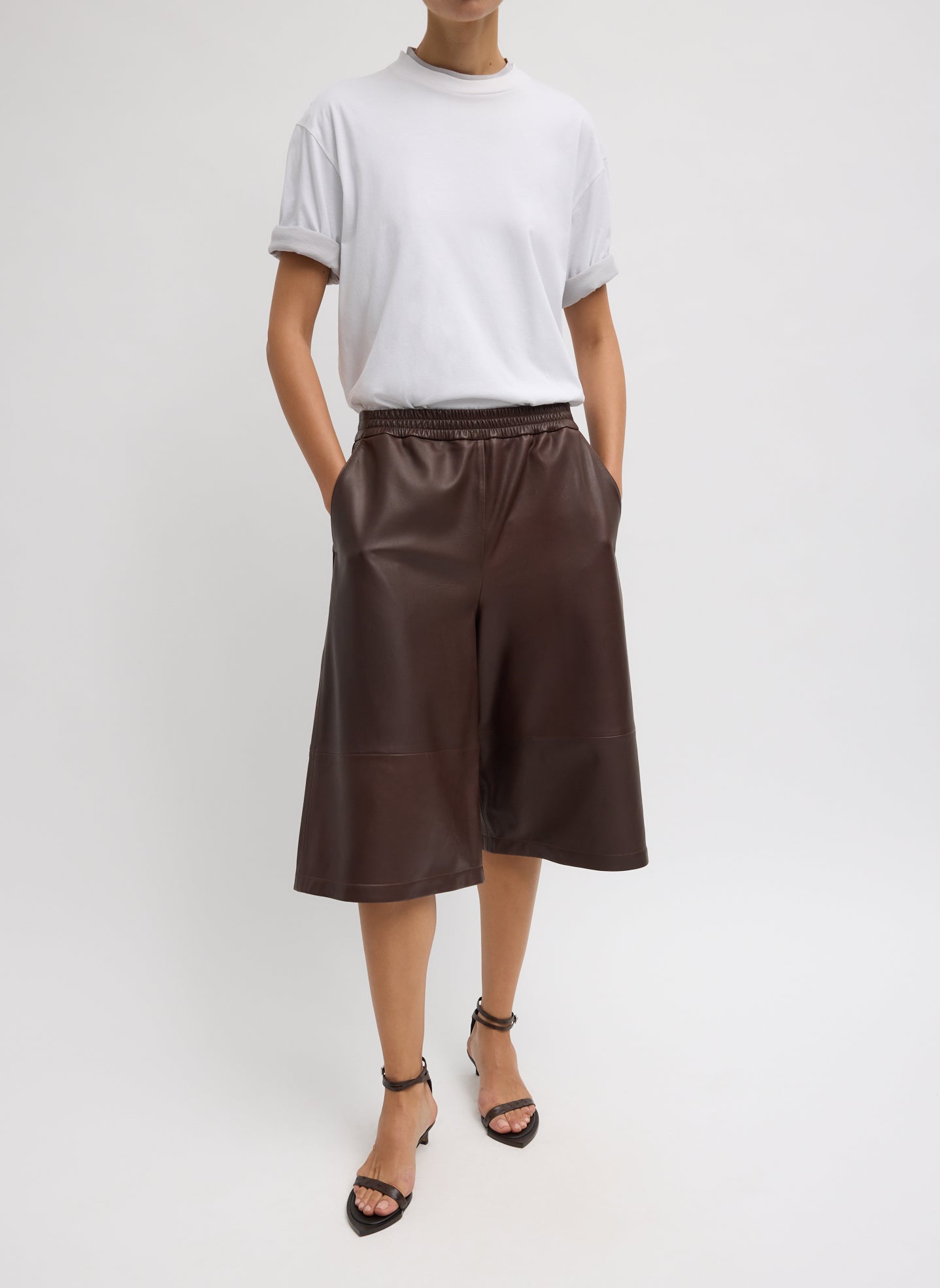 Leather Relaxed Long Short - Brown Leather Relaxed Long Short - pull on short, full look front view on model