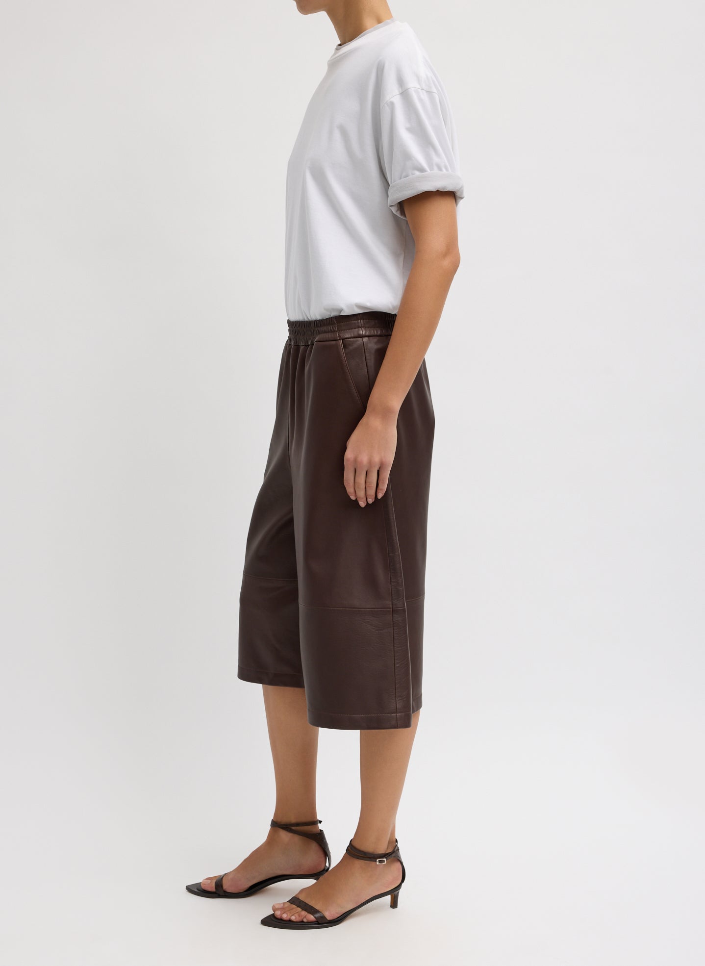 Brown Leather Relaxed Long Short - pull on short, full look side view on model