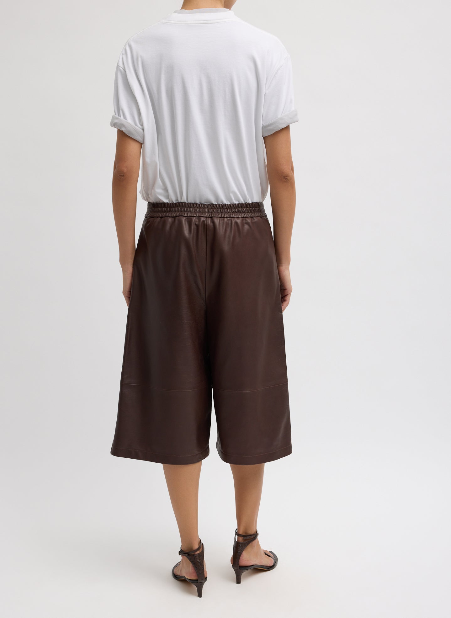 Brown Leather Relaxed Long Short - pull on short, full look back view on model