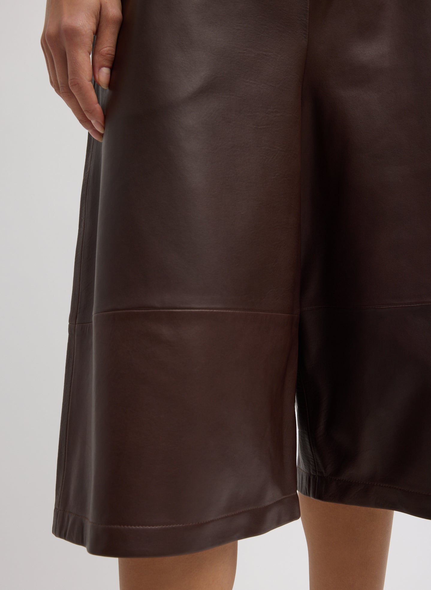 Brown Leather Relaxed Long Short - closeup of lamb leather fabric
