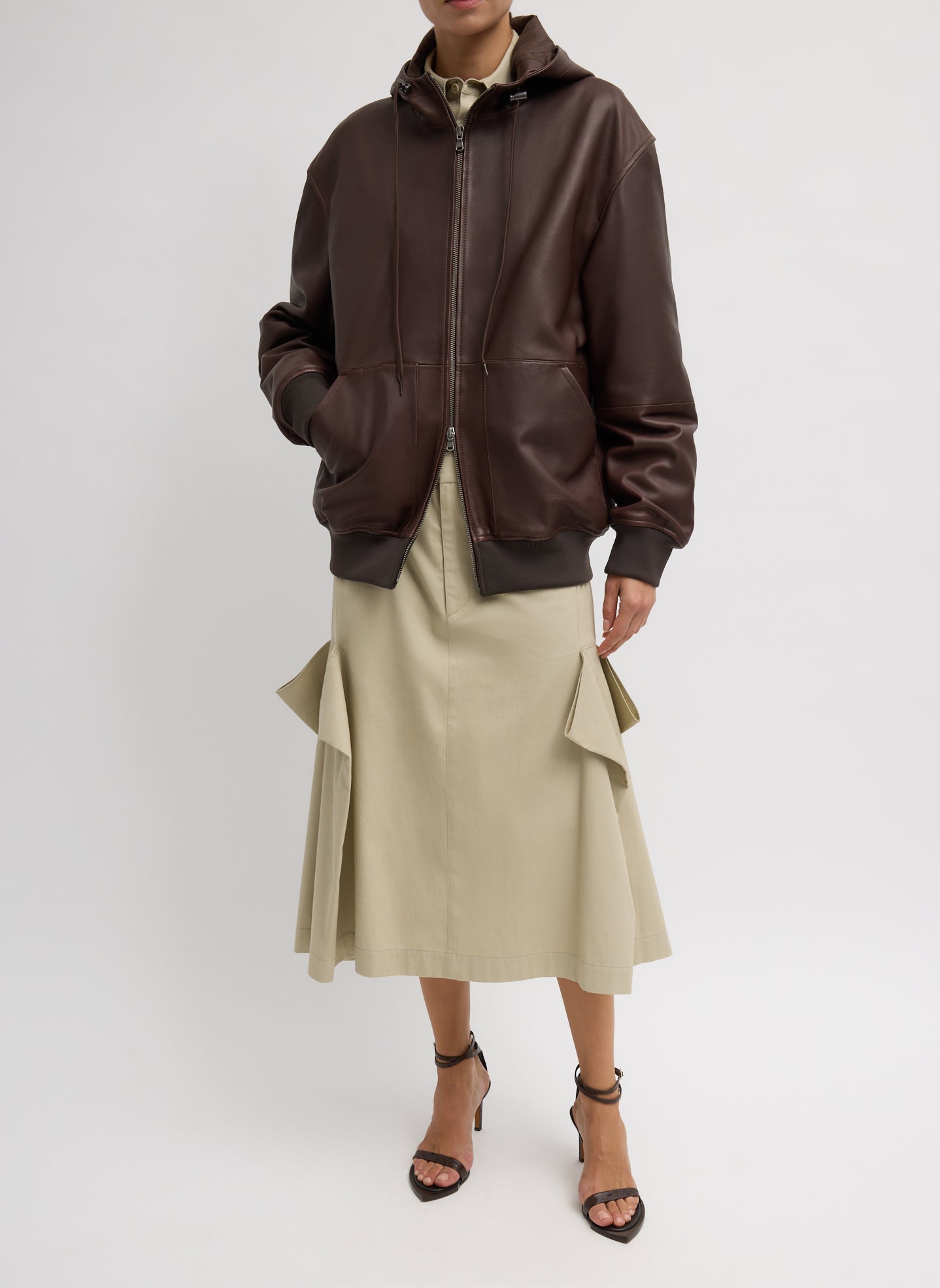 Brown Leather Zip Up Hoodie Jacket - full look, front view on model