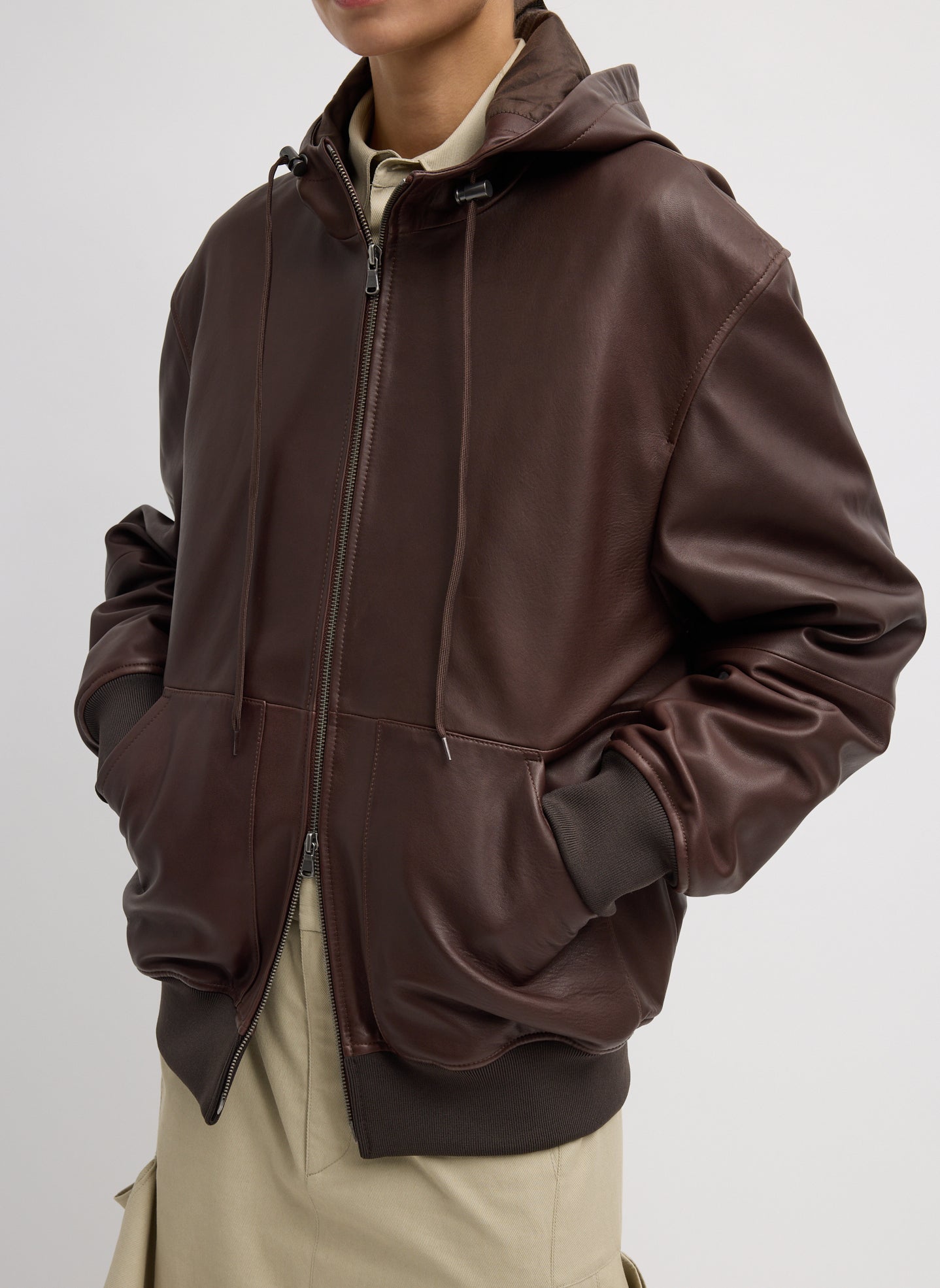 Leather Zip Up Hoodie Jacket - Brown Leather Zip Up Hoodie Jacket - front view on model