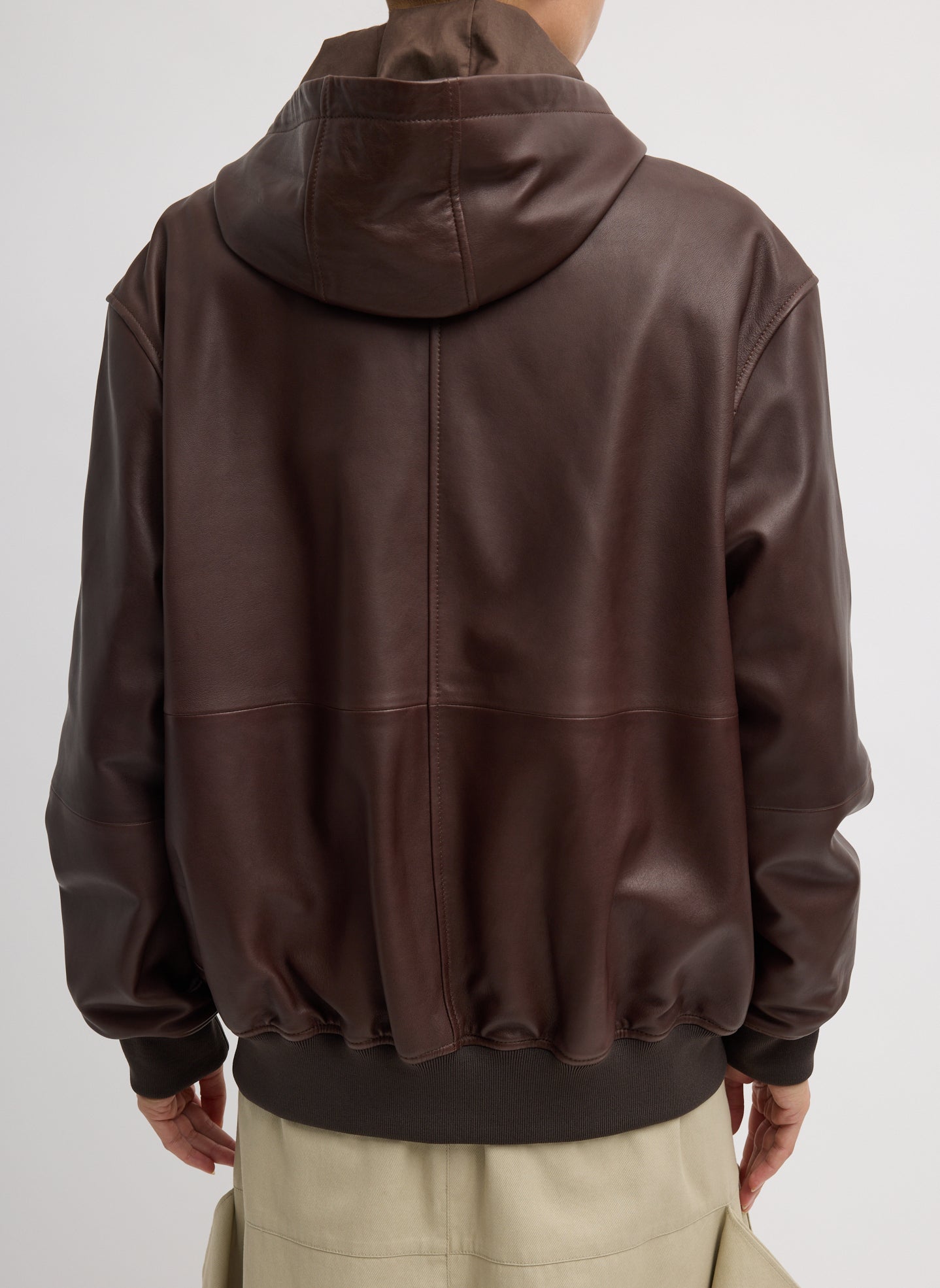 Brown Leather Zip Up Hoodie Jacket - back view on model
