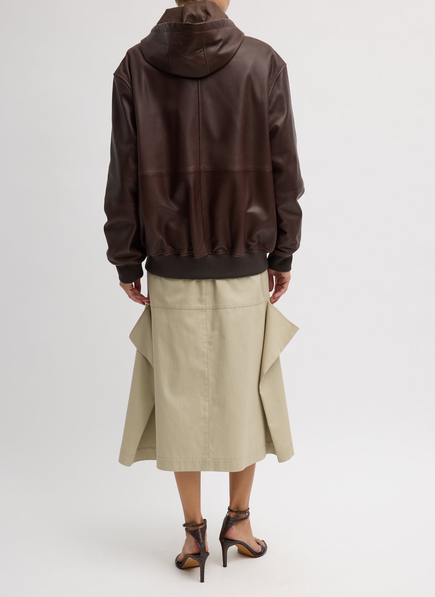 Brown Leather Zip Up Hoodie Jacket - full look, back view on model