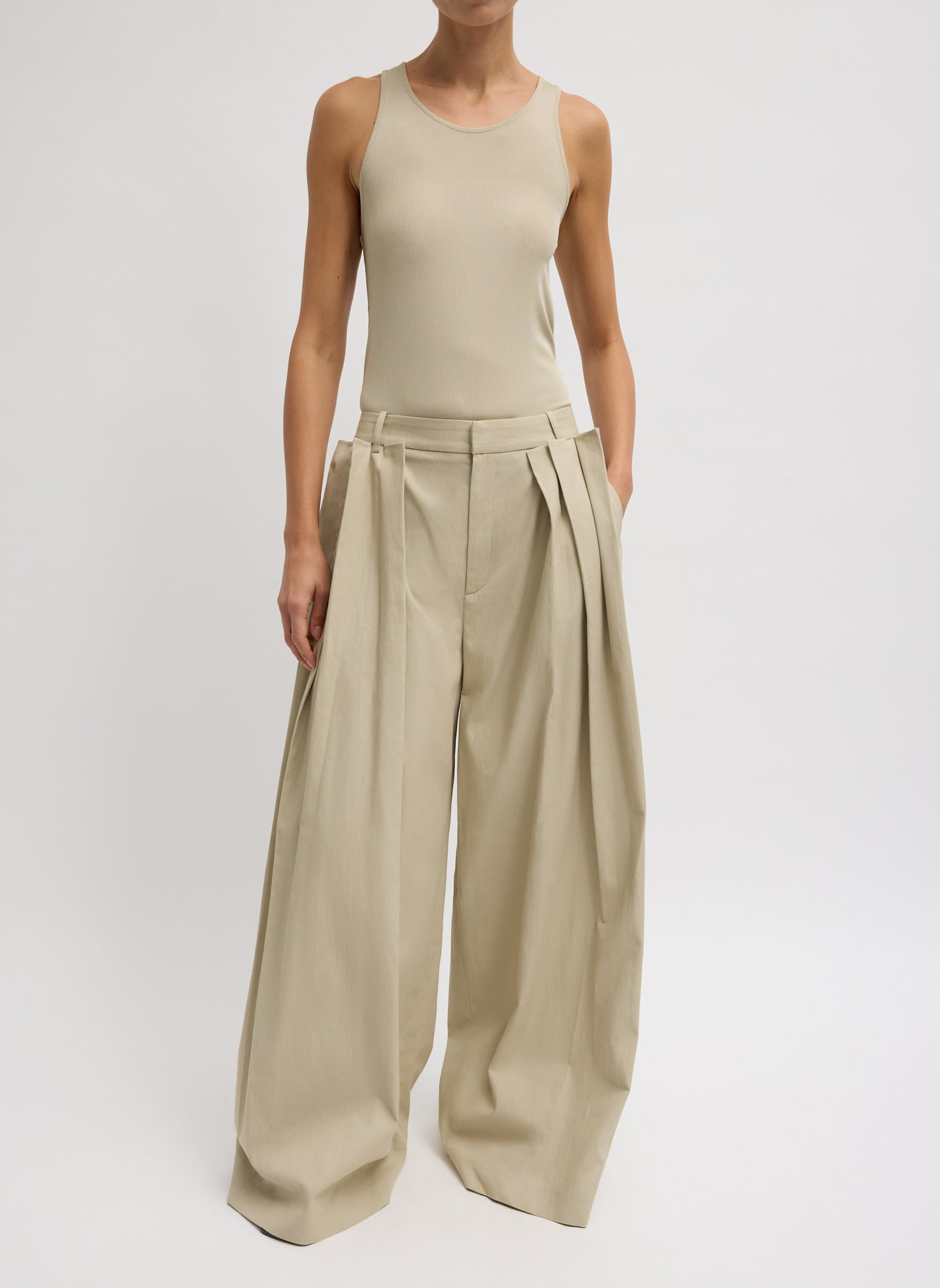 Luxe Spring Twill Tucked Pleated Wide Leg Trouser - Taupe Luxe Spring Twill Tucked Pleated Wide Leg Trouser - beige, full look, front view on model