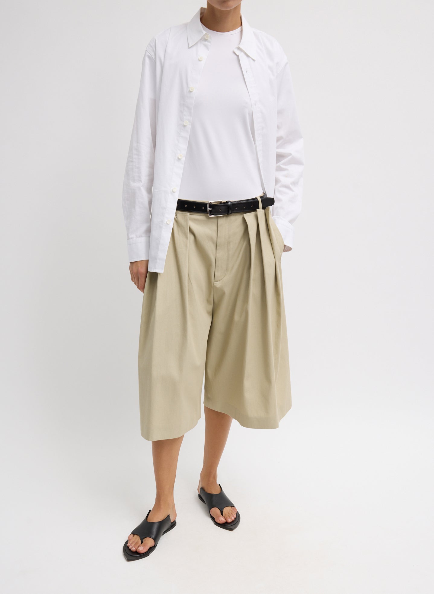 Taupe Spring Twill Tucked Pleated Wide Leg Short - full look, front view on model