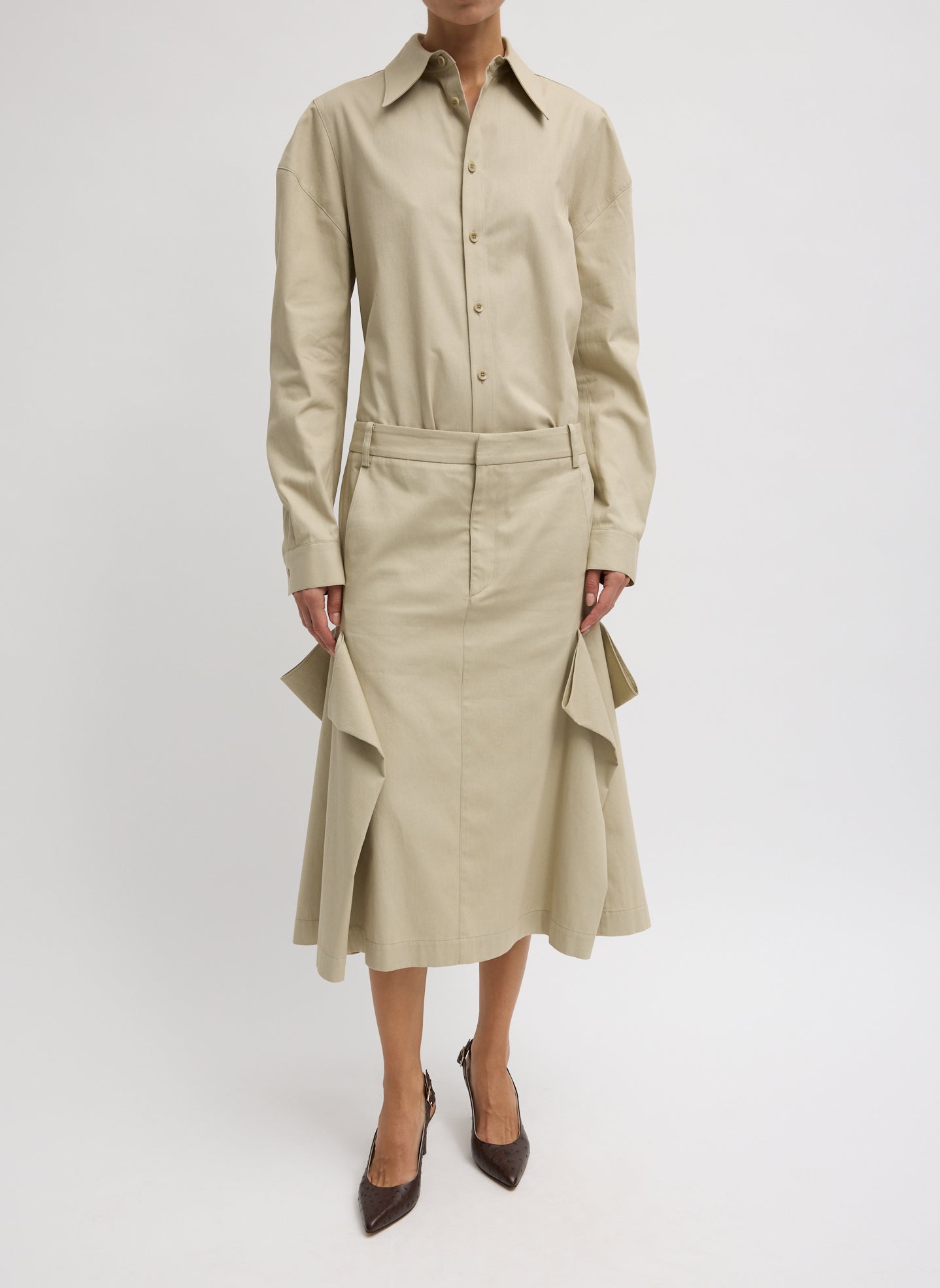 Luxe Spring Twill Tucked Pleat Skirt - Taupe Luxe Spring Twill Tucked Pleat Skirt - front view on model