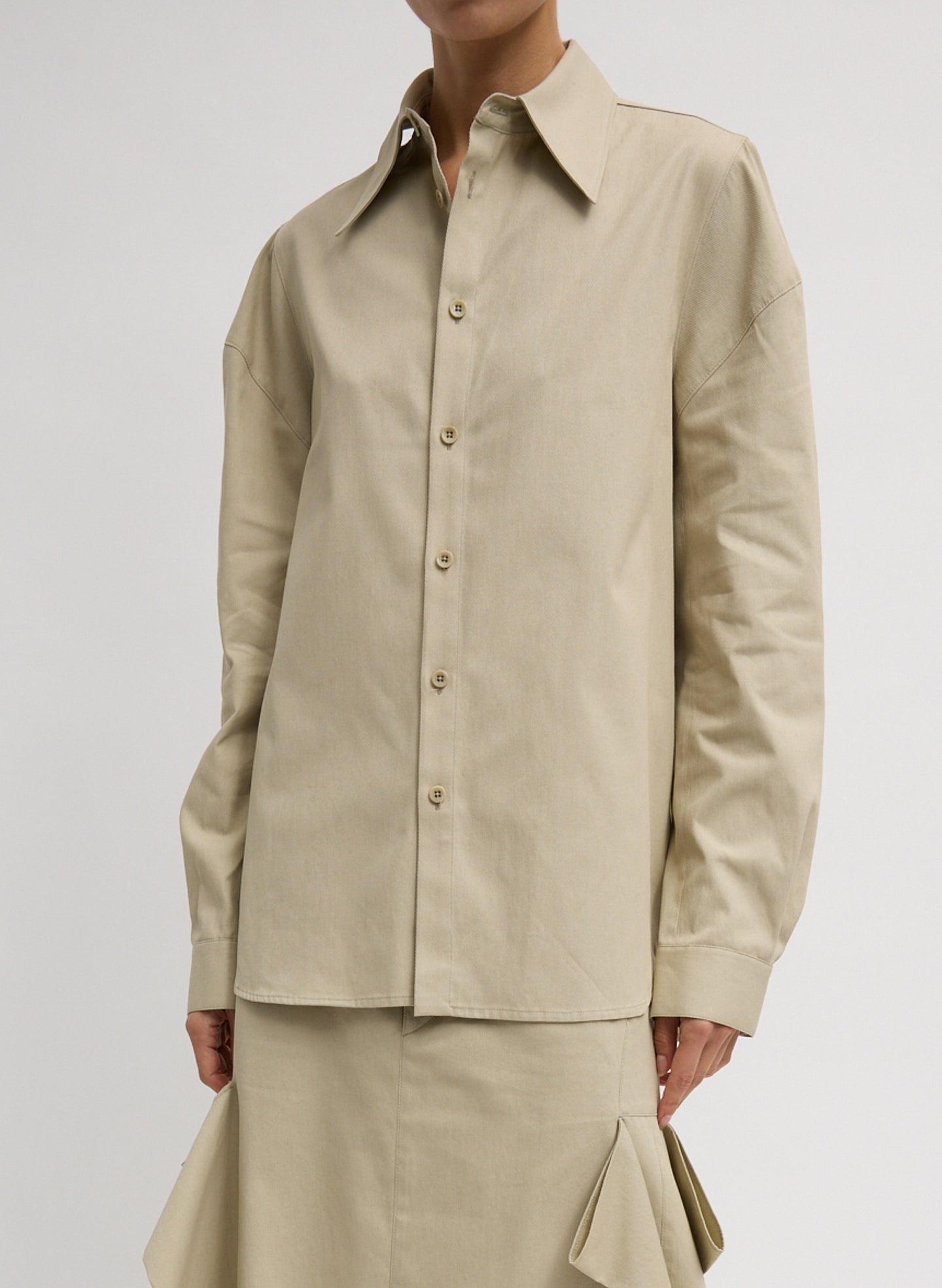 Luxe Spring Twill Hinged Shirt - Taupe Luxe Spring Twill Hinged Shirt - long sleeve button down, front view on model