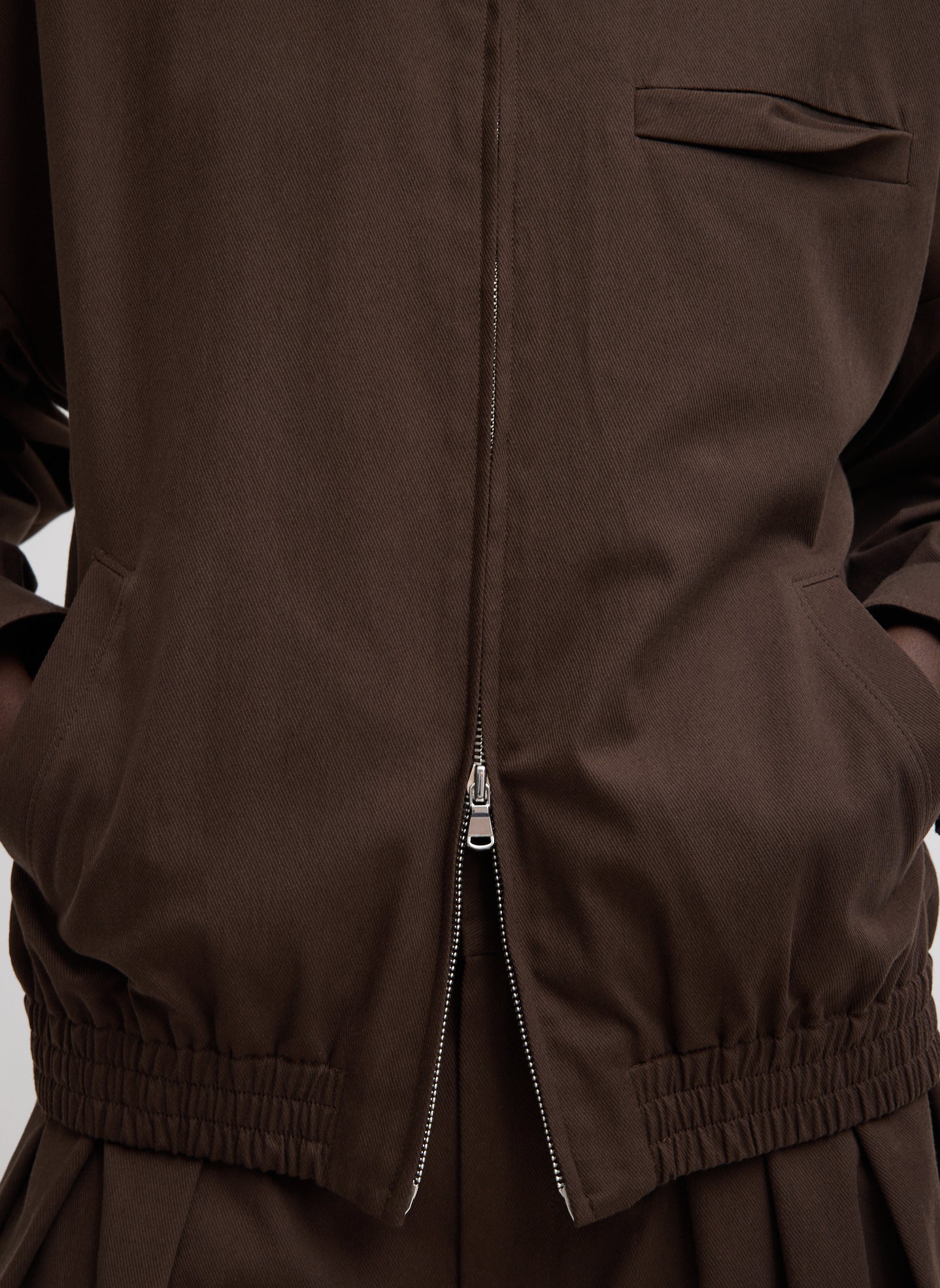 Hickory Brown Luxe Spring Twill Bomber Jacket - closeup of front zip detail
