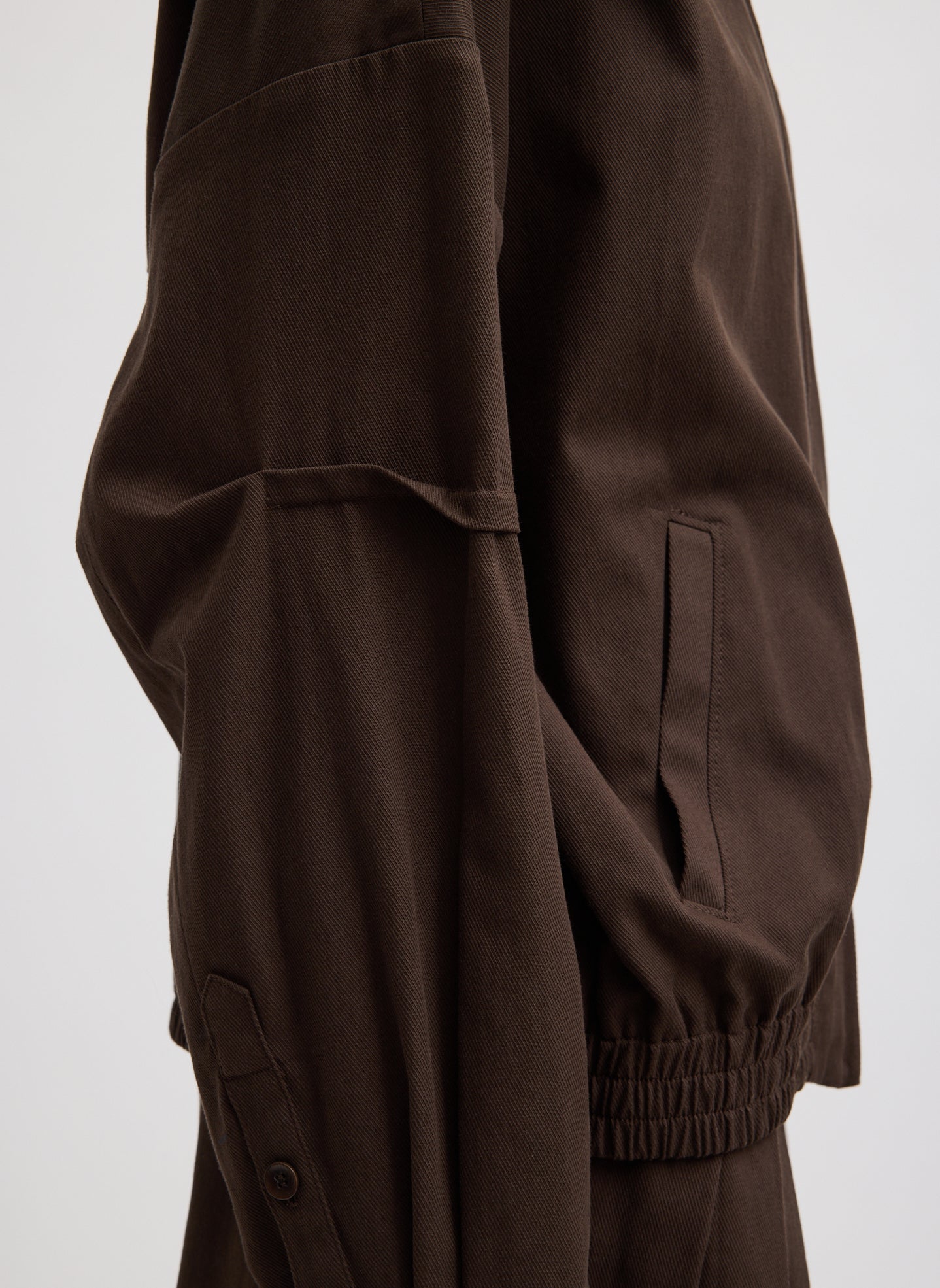 Hickory Brown Luxe Spring Twill Bomber Jacket - closeup of sleeve detail