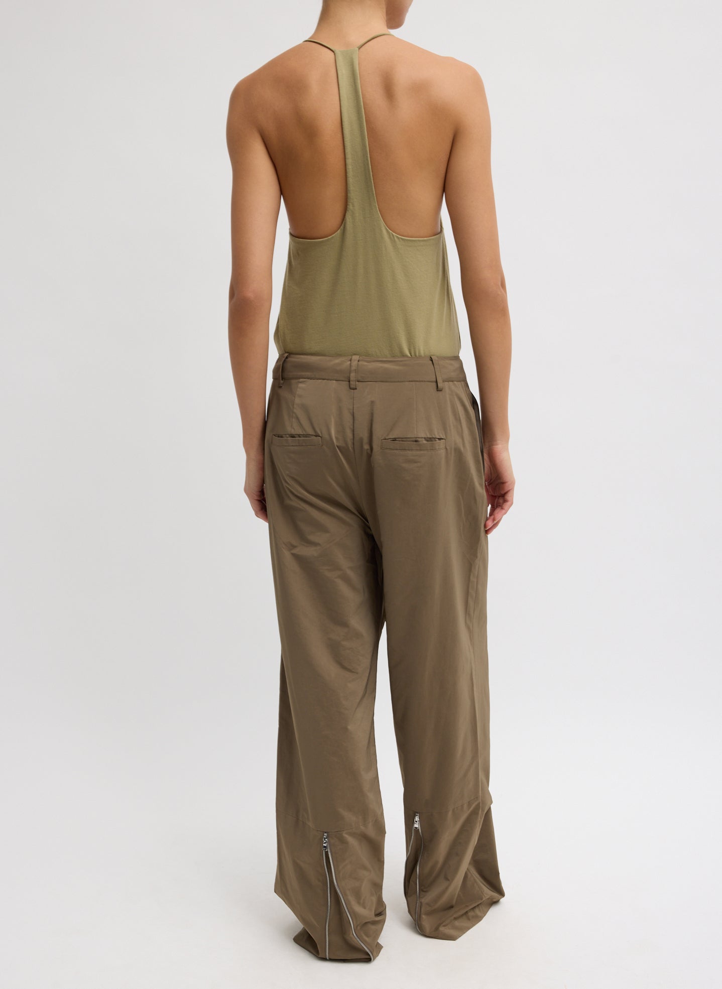 Dark Taupe Nylon Zipper Trouser - back view on model