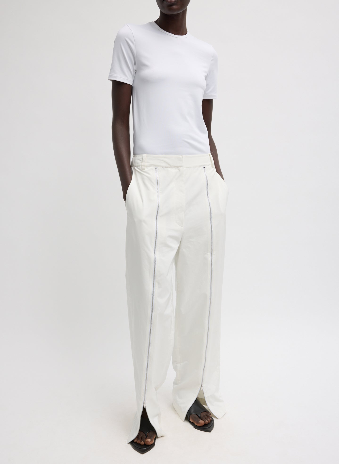 Nylon Zipper Trouser - White Nylon Zipper Trouser - front view on model