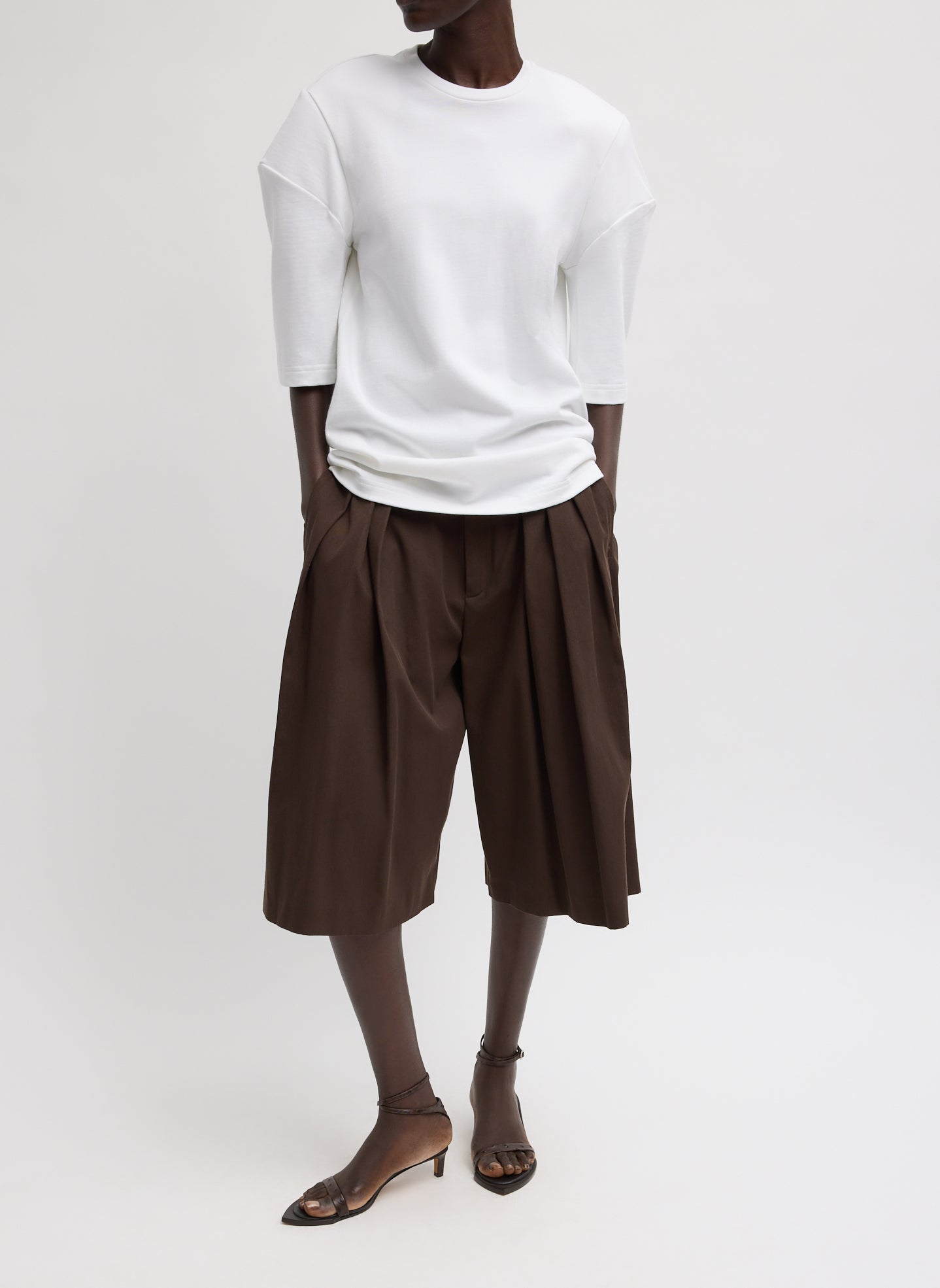 White Perfect Hinged Sleeve T-Shirt - full look, front view on model