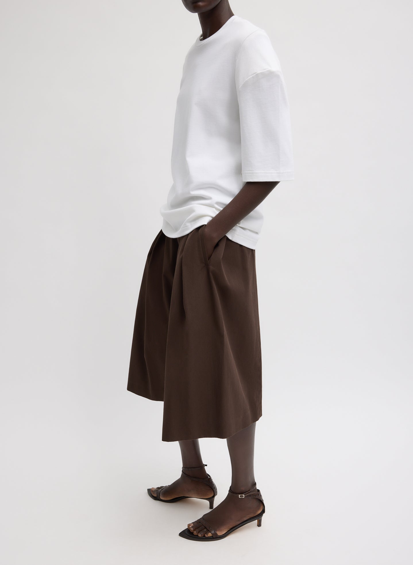 White Perfect Hinged Sleeve T-Shirt - full look, side view on model