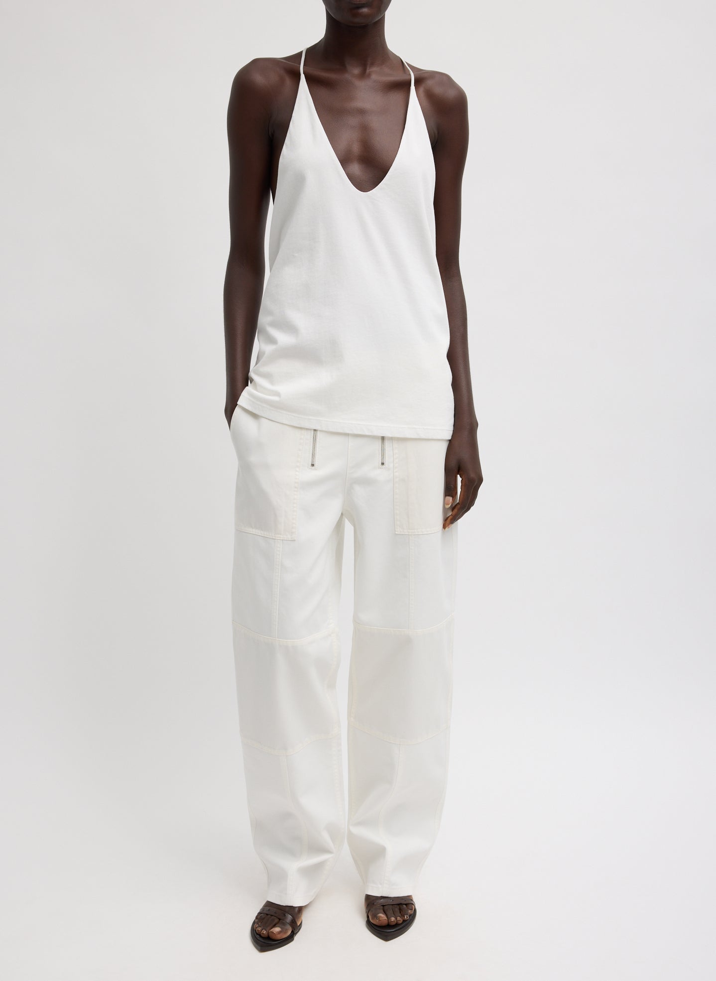 White Patchwork Twill Cargo Fischer Jean - full look, front view on model