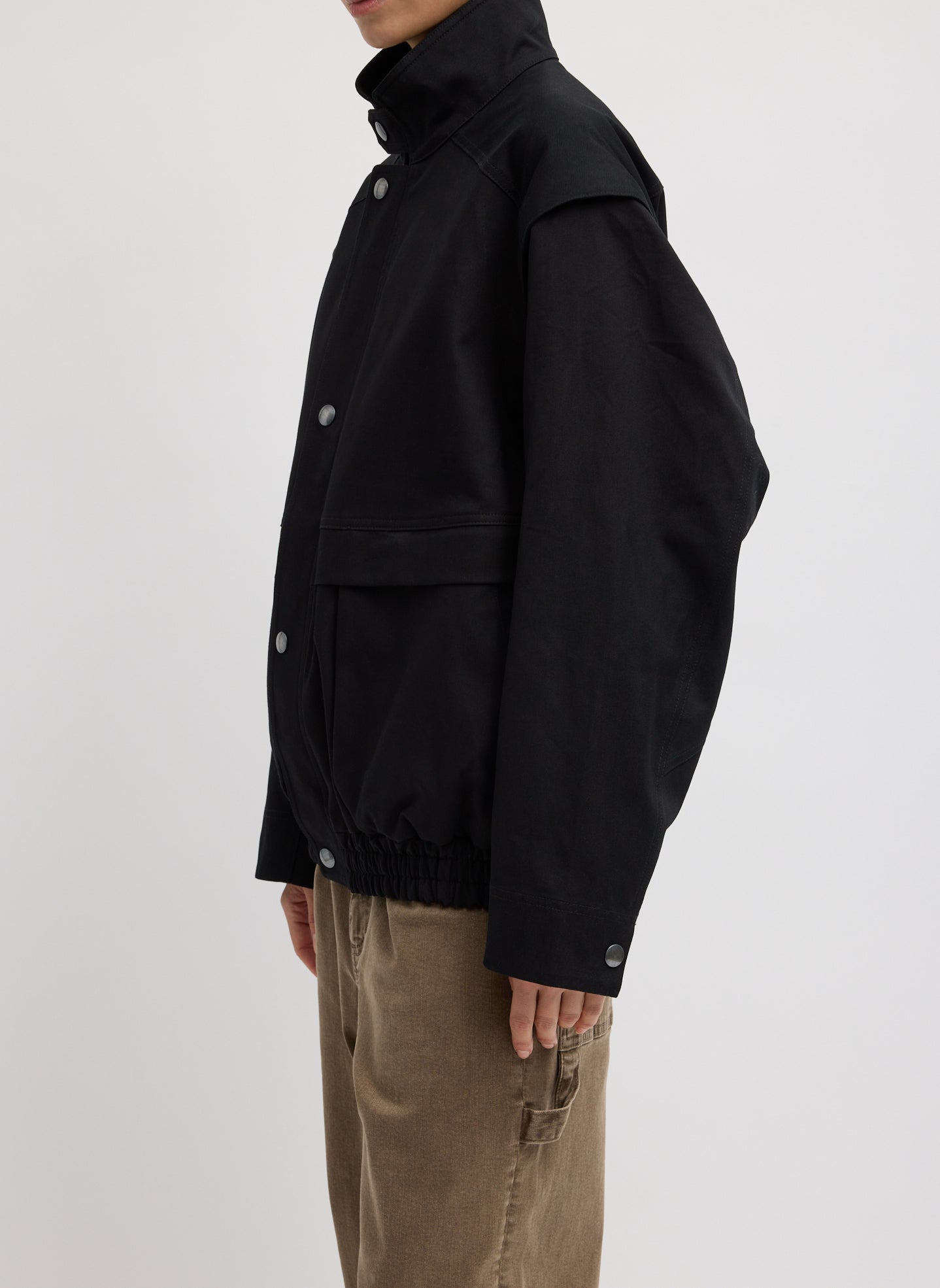 Black Patchwork Twill Bomber Jacket - side view on model