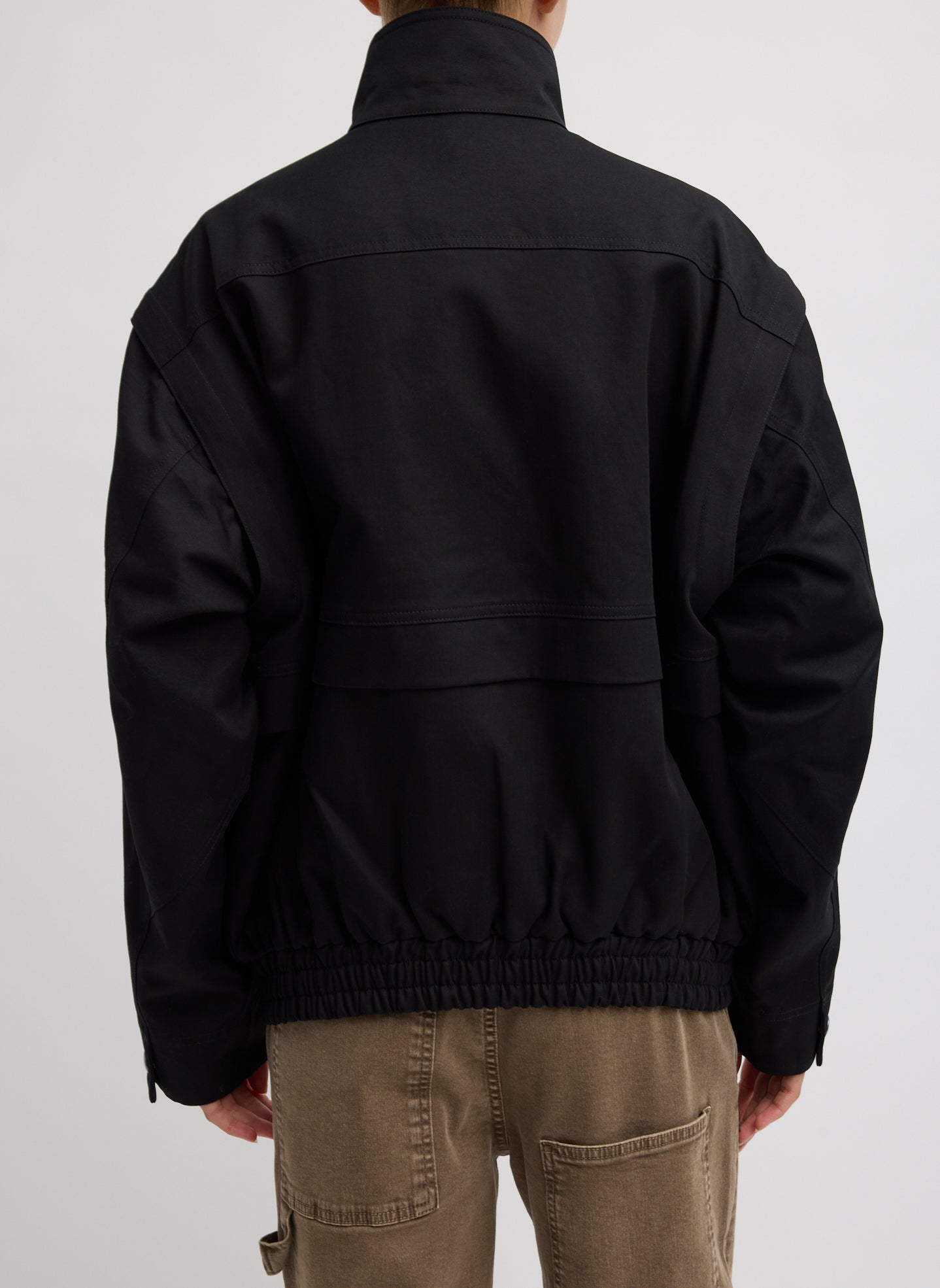 Black Patchwork Twill Bomber Jacket - back view on model