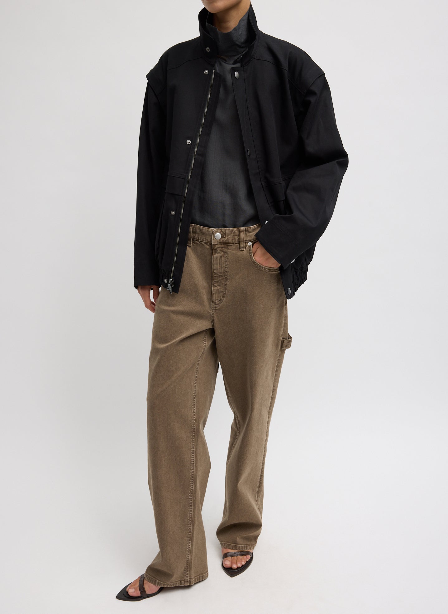 Black Patchwork Twill Bomber Jacket - front view on model