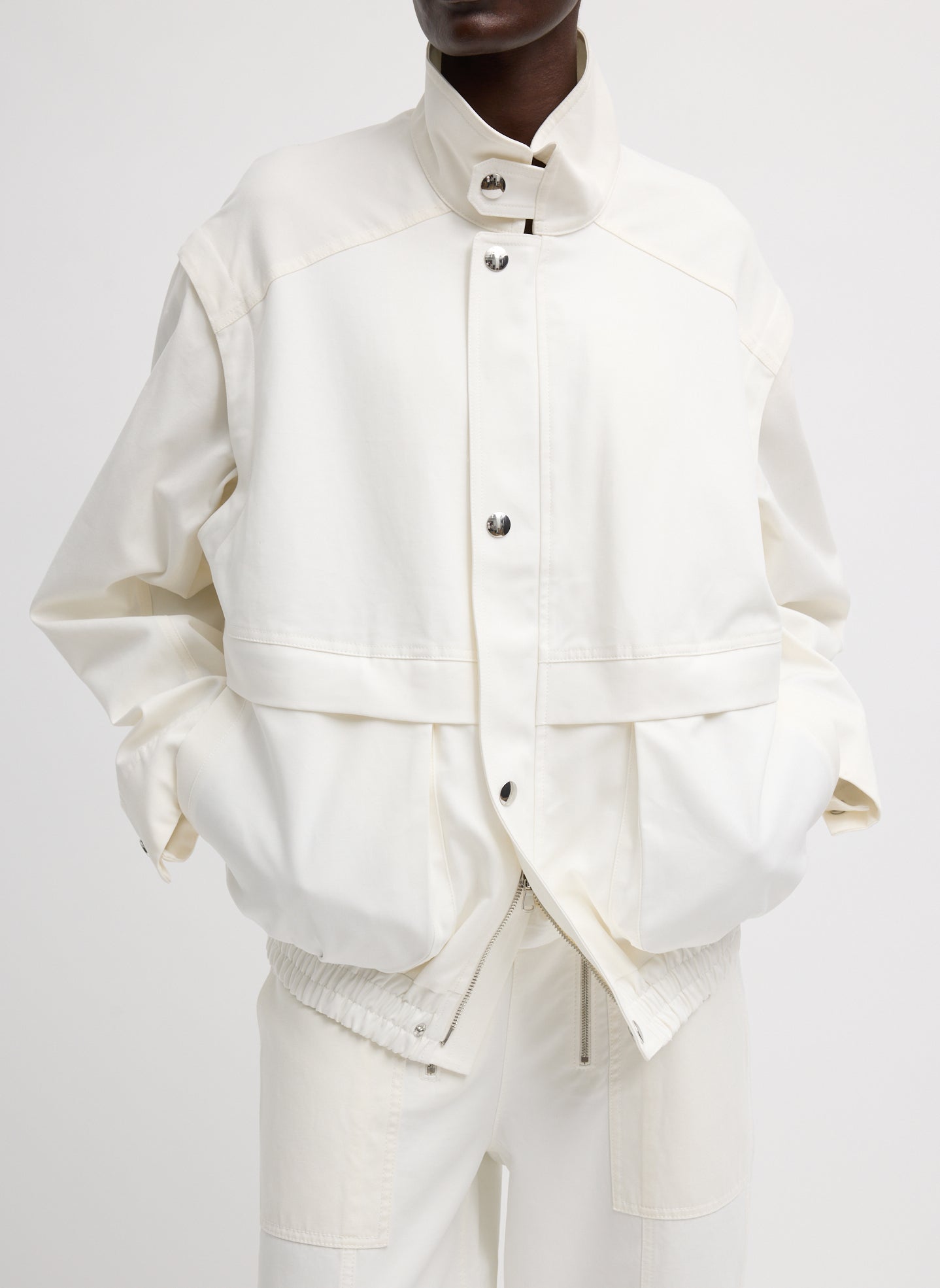 White Patchwork Twill Bomber Jacket - front view on model