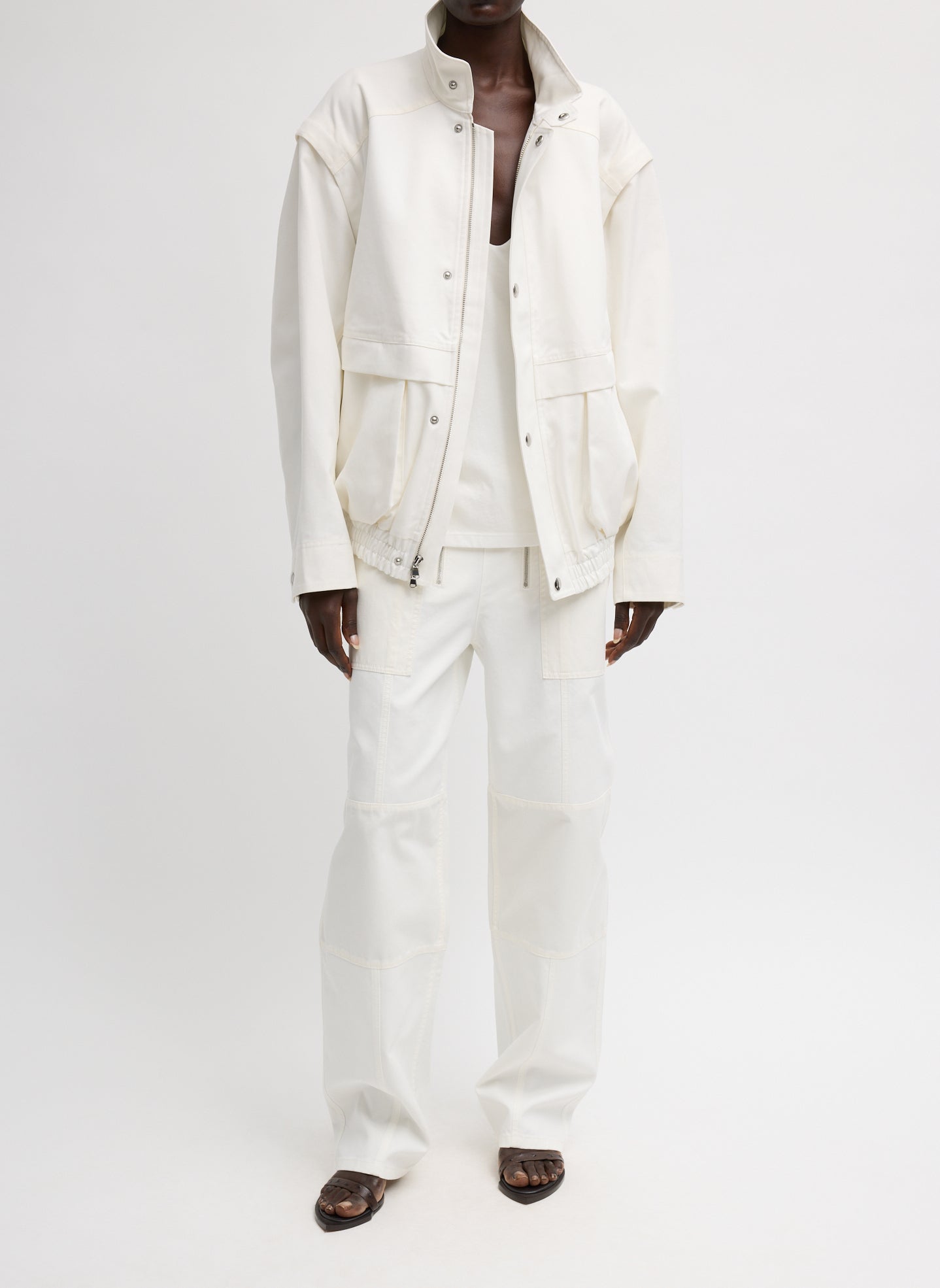 White Patchwork Twill Bomber Jacket - front view on model