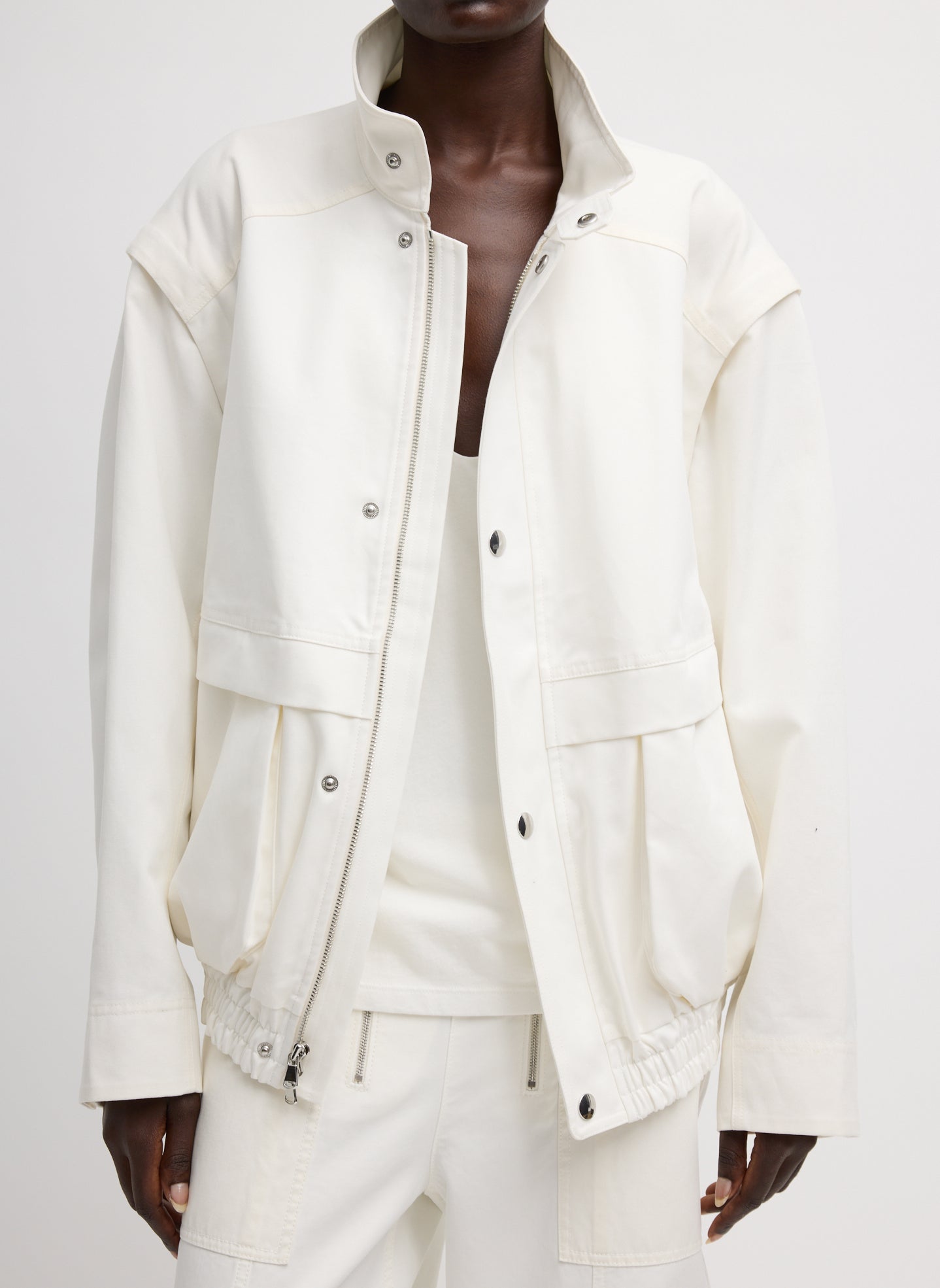 White Patchwork Twill Bomber Jacket - front view on model