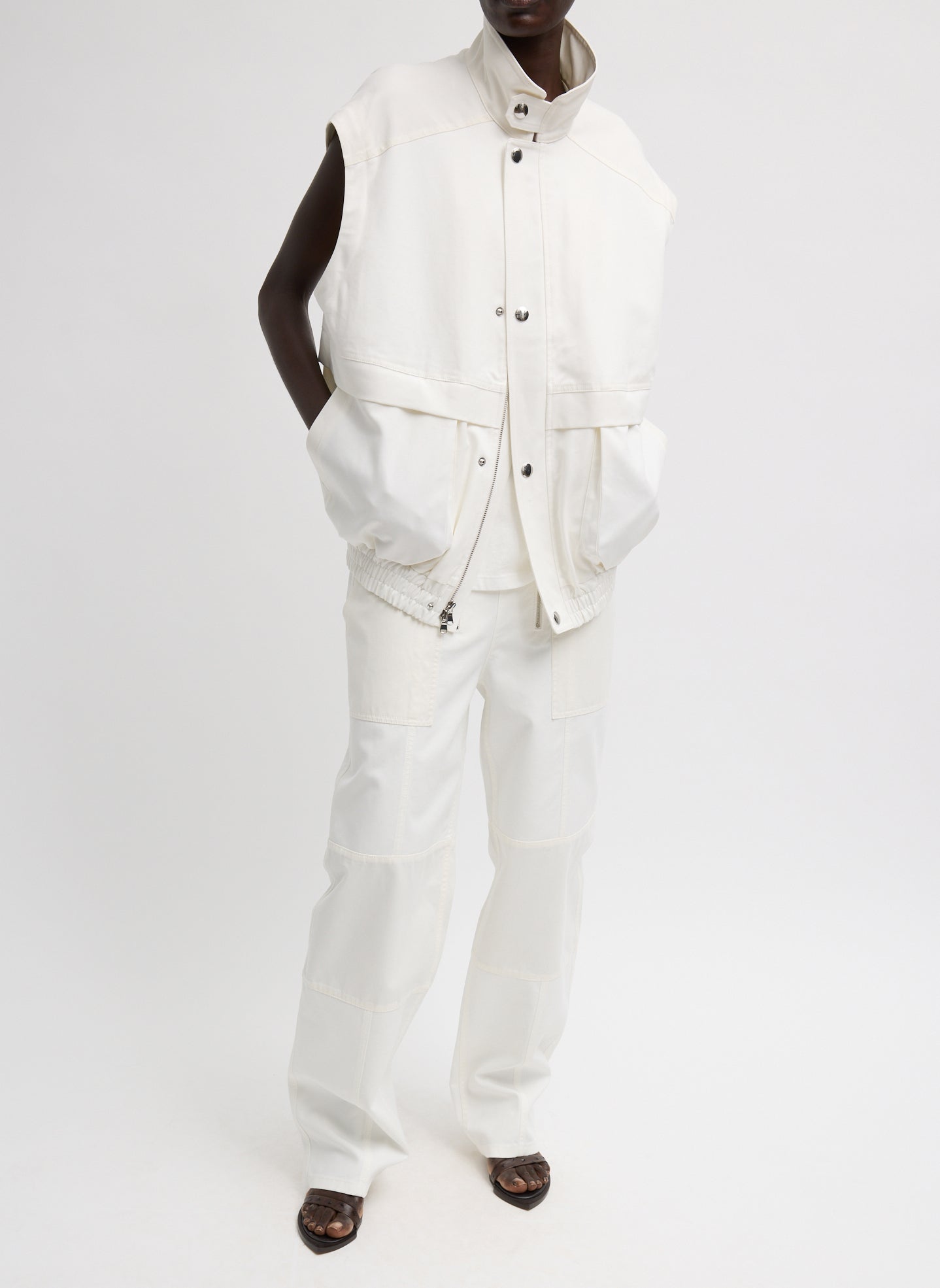 White Patchwork Twill Bomber Jacket - front view on model