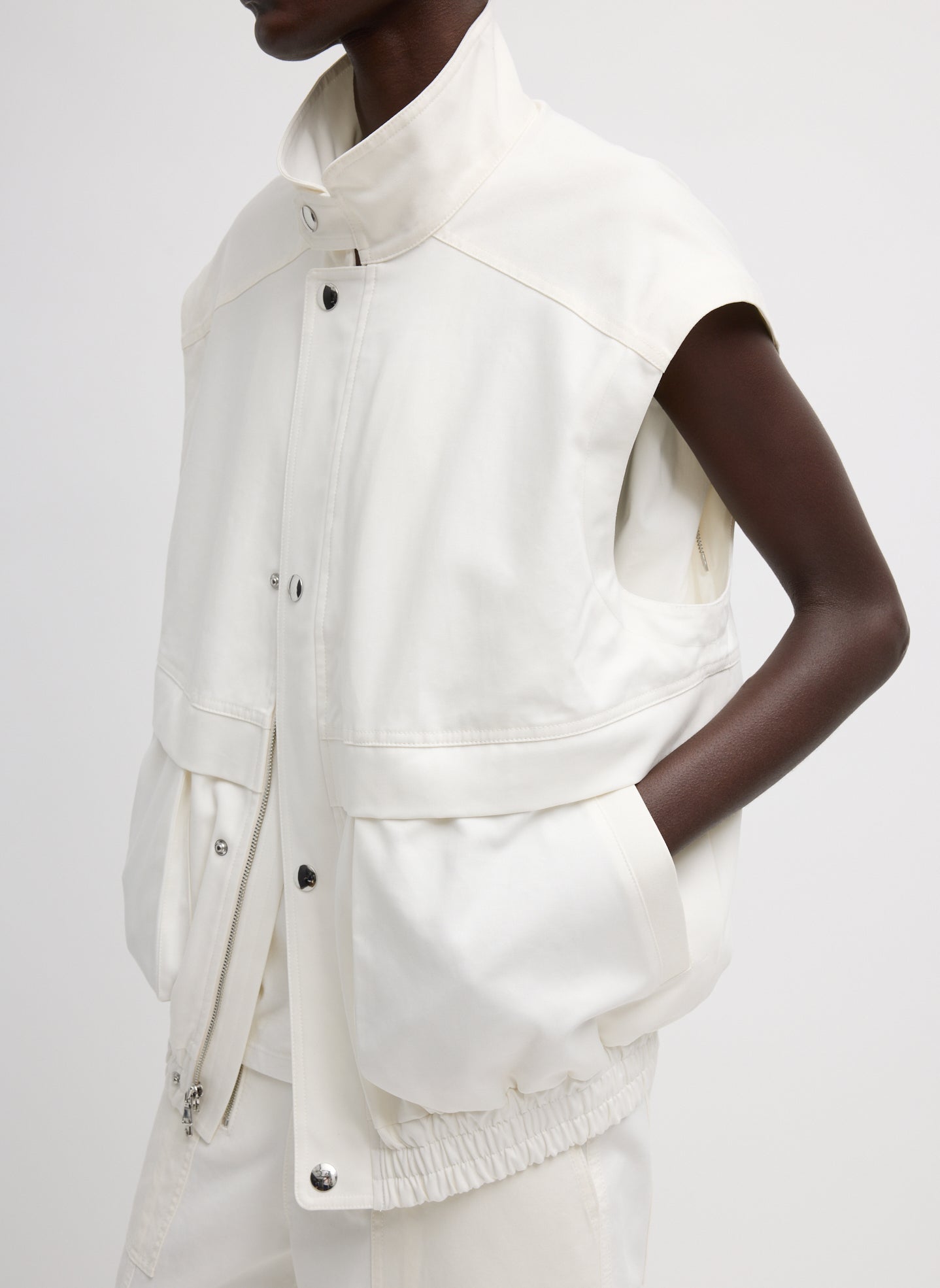 White Patchwork Twill Bomber Jacket - side view on model