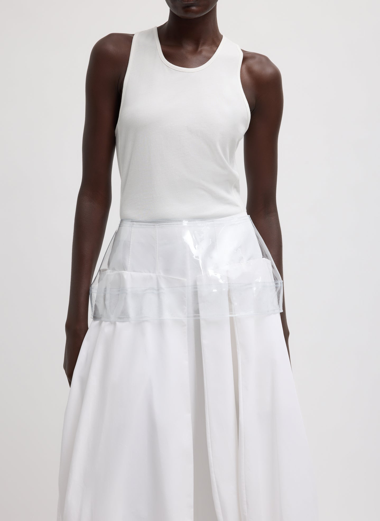 Clear Peplum Belt - front view on model