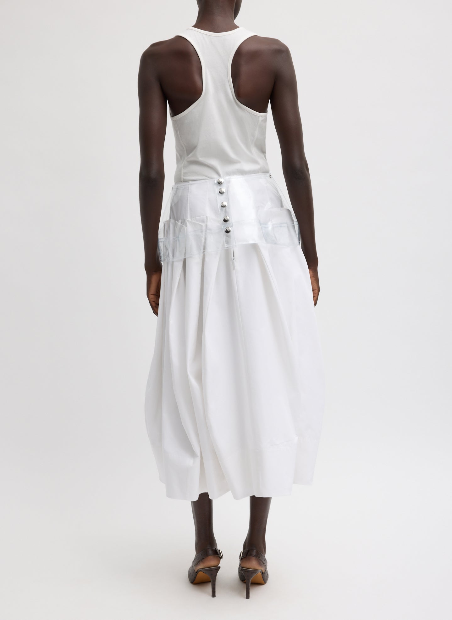 Clear Peplum Belt - full look, back view on model