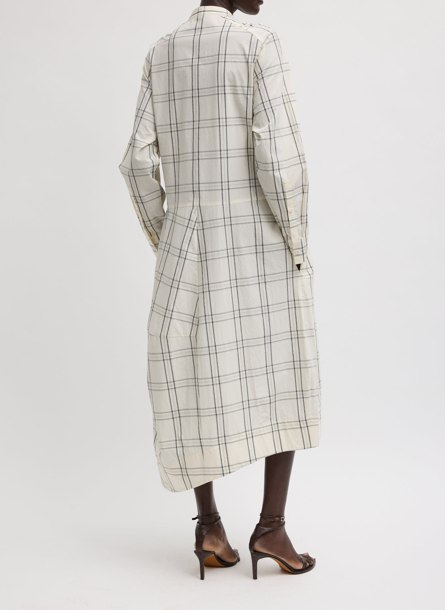 Ivory Black Multi Russel Plaid Balloon Dress - long sleeve midi shirt dress, back view on model