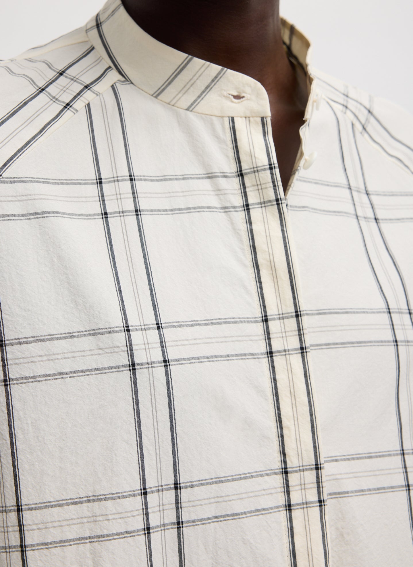 Ivory Black Multi Russel Plaid Balloon Dress - closeup of button up front