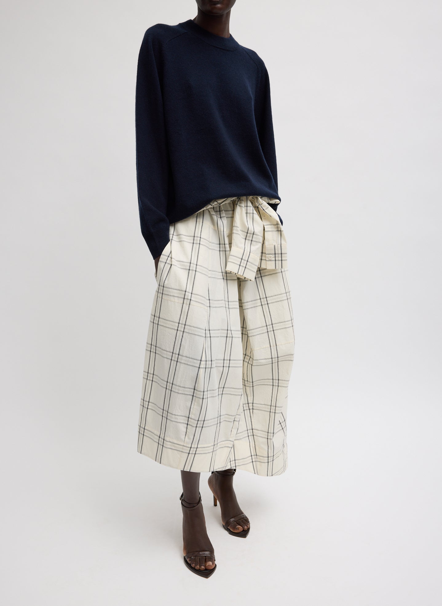 Ivory Black Multi Russel Plaid Balloon Dress - full look, front view on model