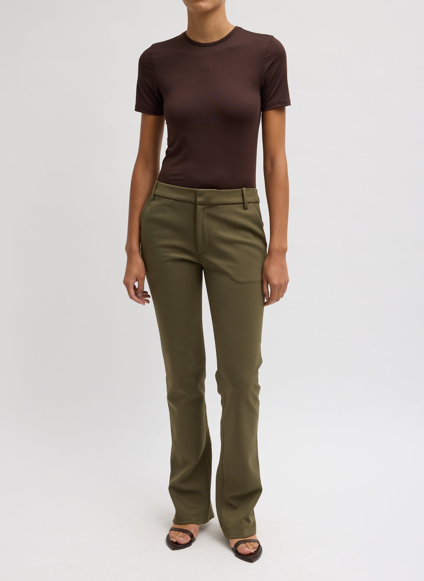 Spring Bonded Twill Elfie Trousers With Slits - Nori Green Spring Bonded Twill Elfie Trouser With Slits - front view on model