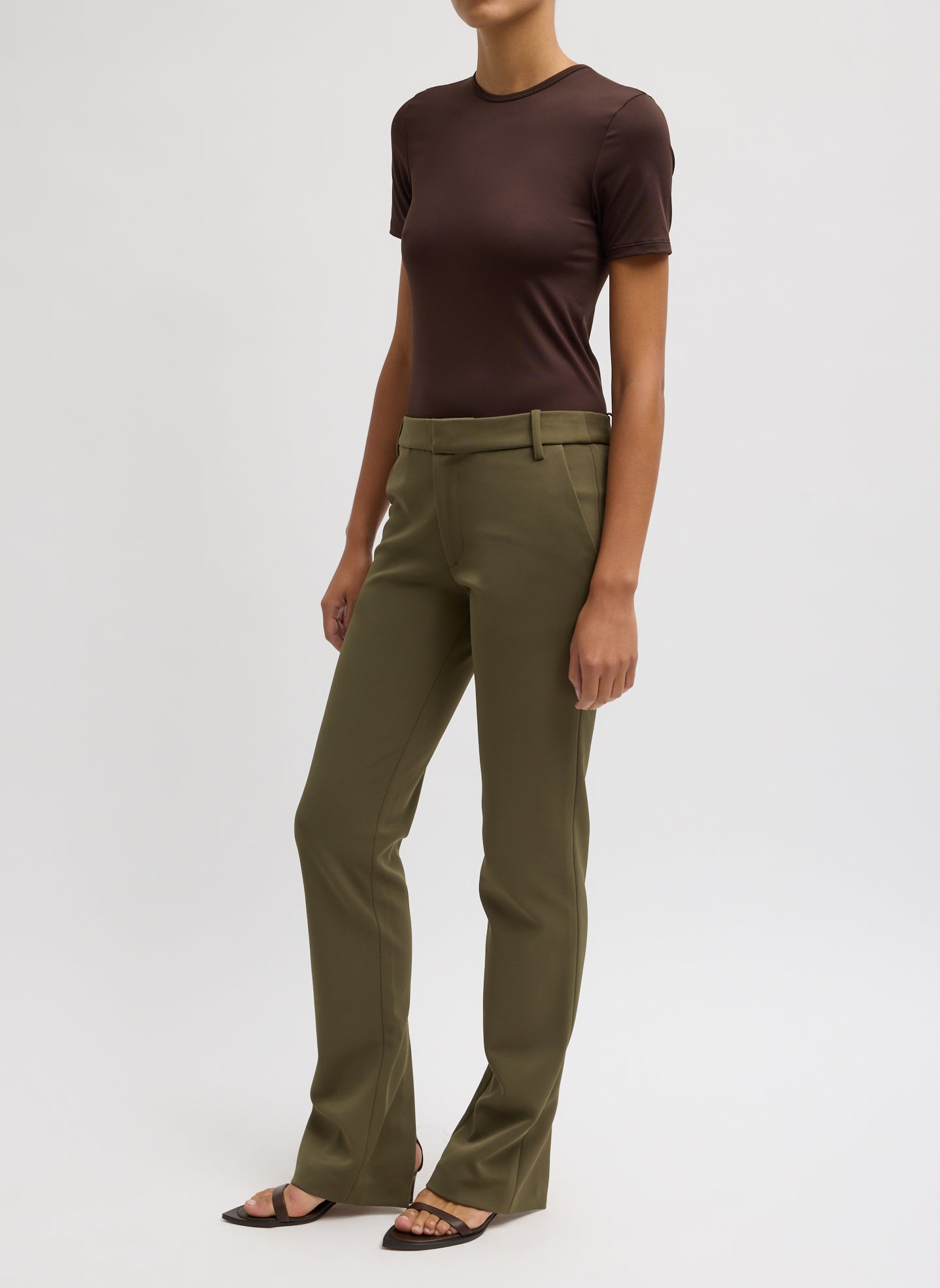 Nori Green Spring Bonded Twill Elfie Trouser With Slits - side view on model