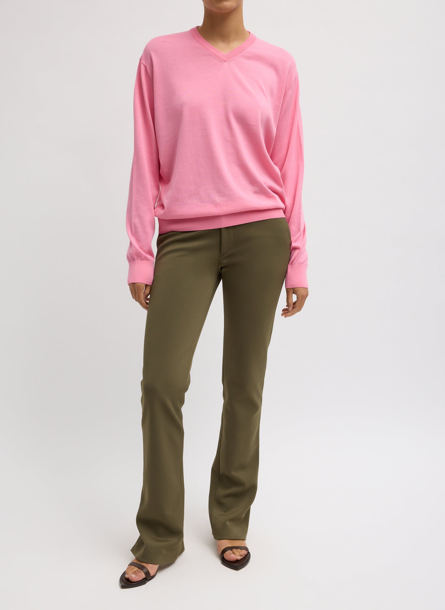 Nori Green Spring Bonded Twill Elfie Trouser With Slits - full look, front view on model