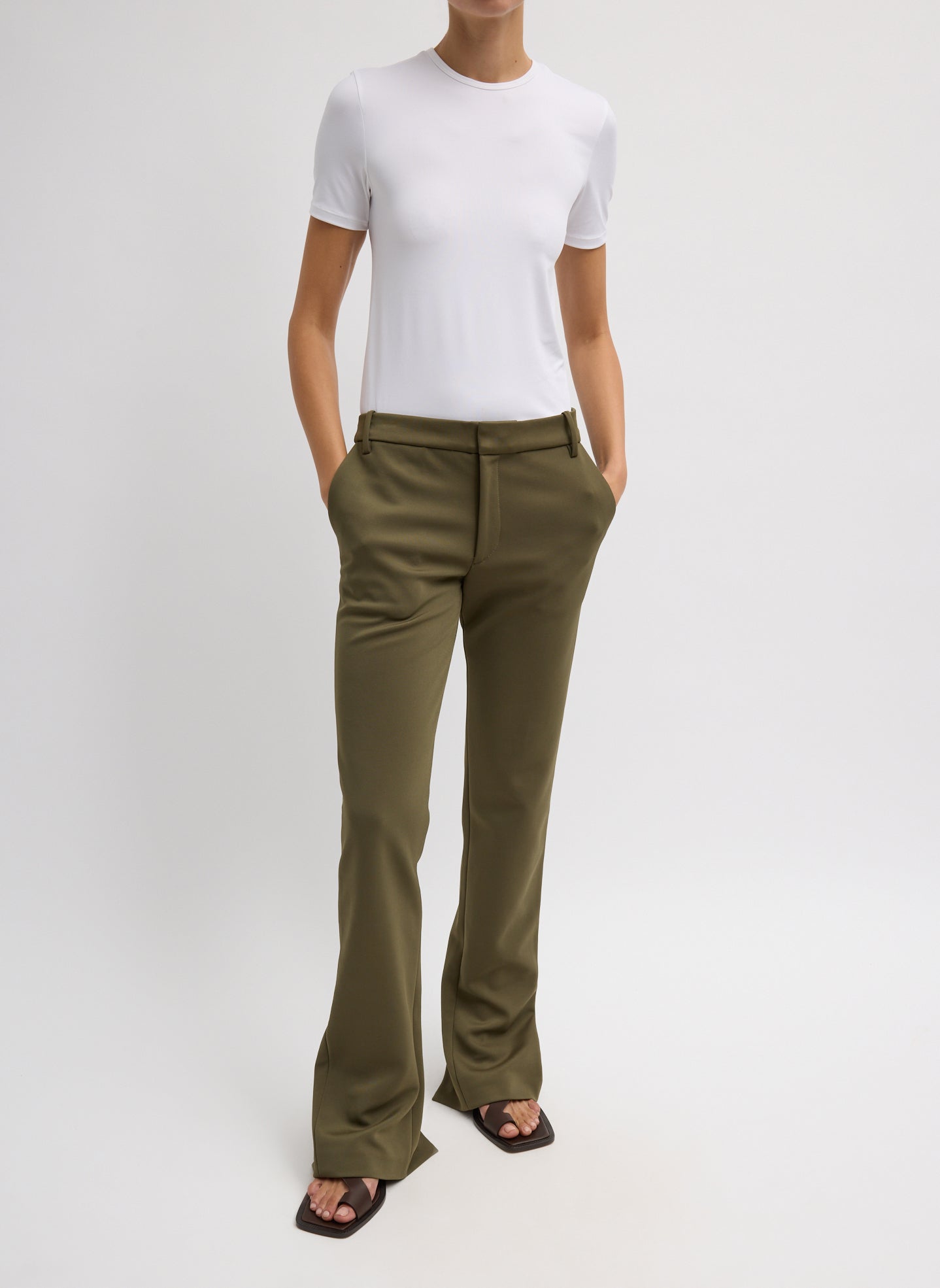 Nori Green Spring Bonded Twill Elfie Trouser With Slits - full look, front view on model