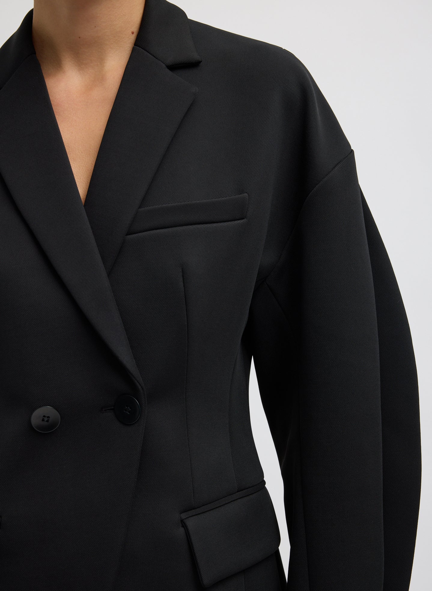 Black Spring Bonded Twill Sculpted Blazer - closeup of lapel