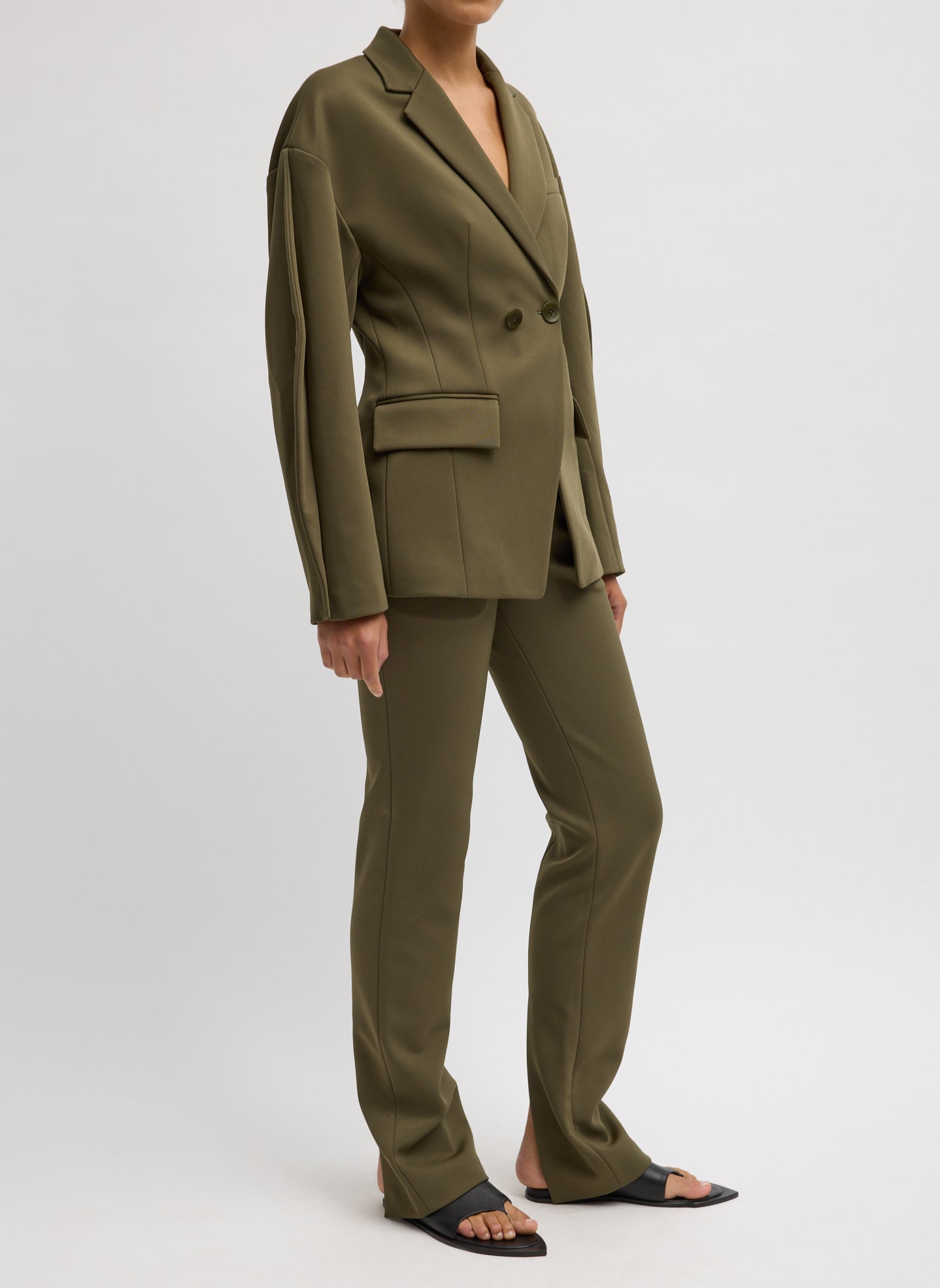Nori Green Spring Bonded Twill Sculpted Blazer - side view on model