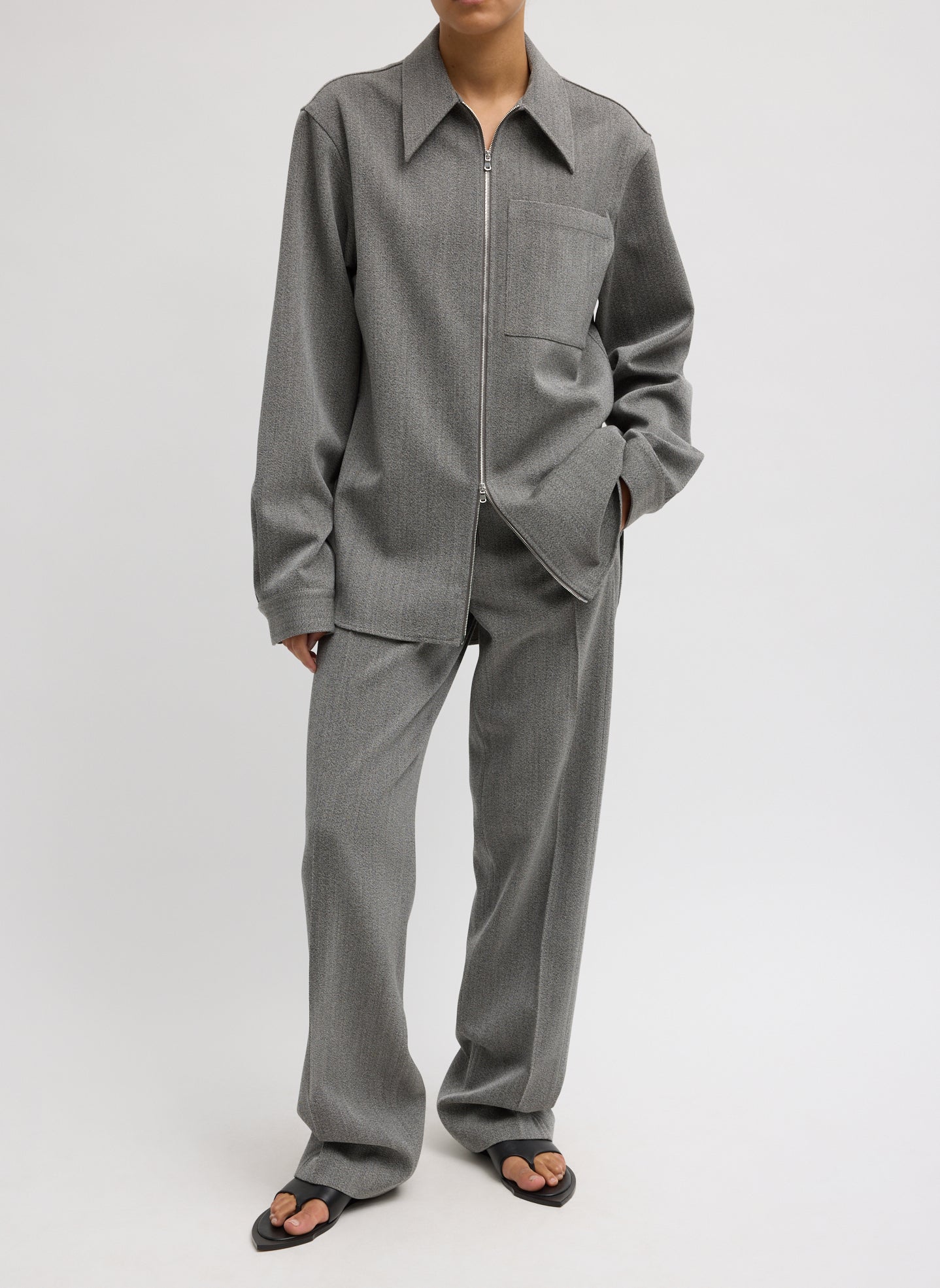 Grey Structured Wool Zip Front Trouser - full look, front view on model