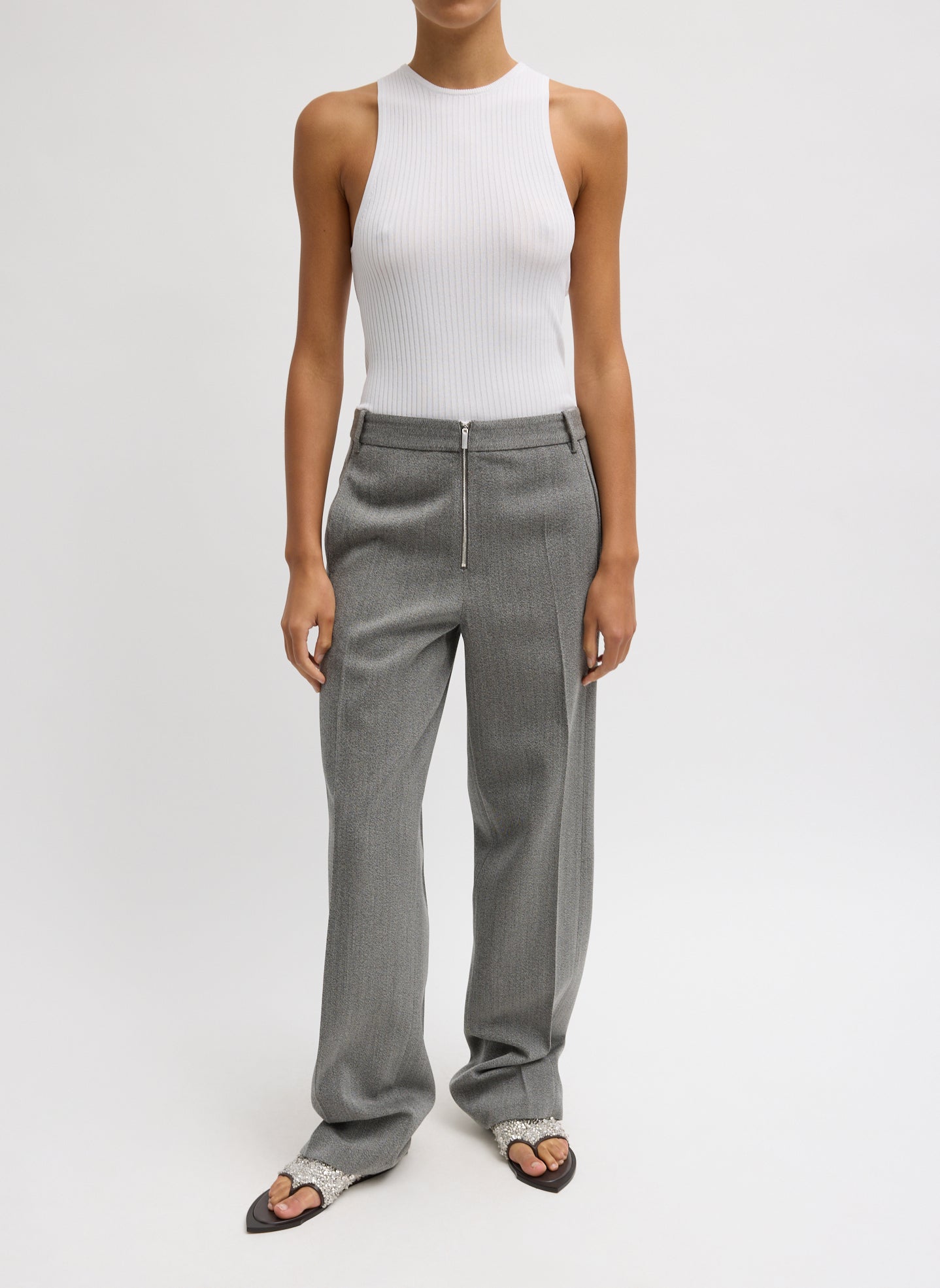 Structured Wool Zip Front Trouser - Grey Structured Wool Zip Front Trouser - front view on model