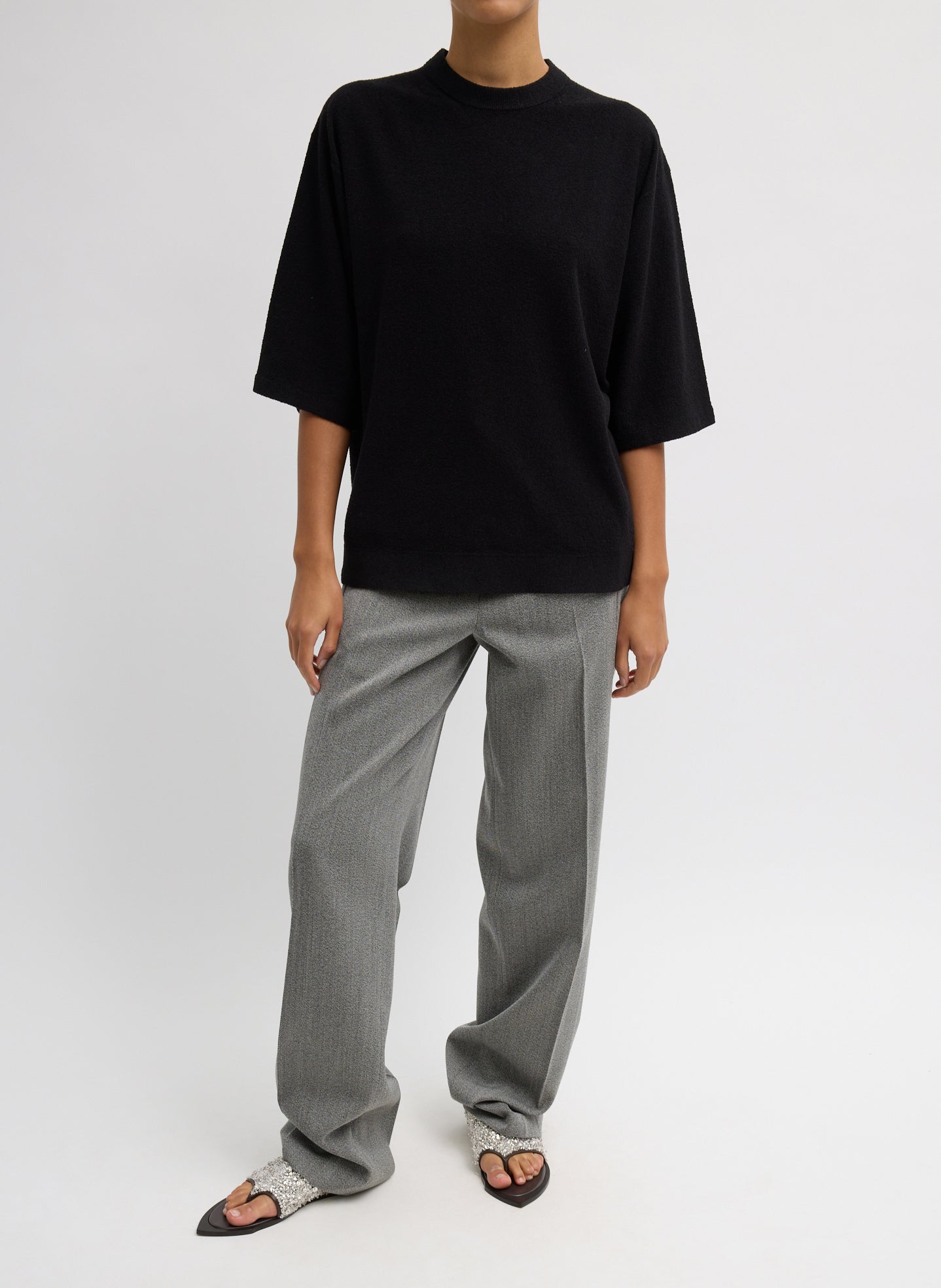 Grey Structured Wool Zip Front Trouser - full look, front view on model