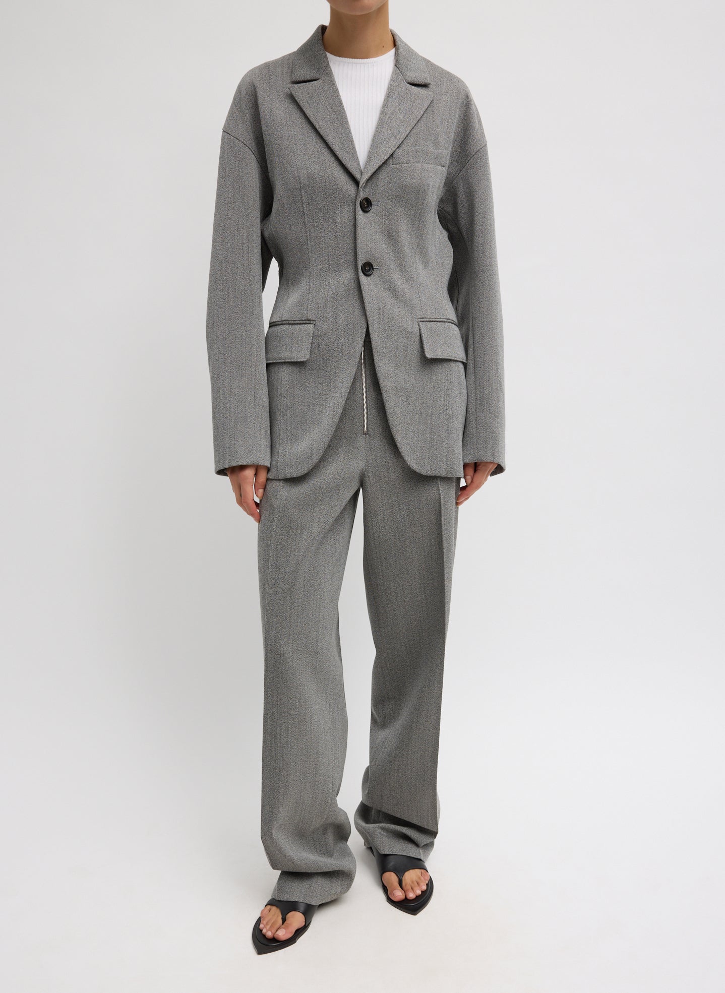 Grey Structured Wool Zip Front Trouser - full look, front view on model