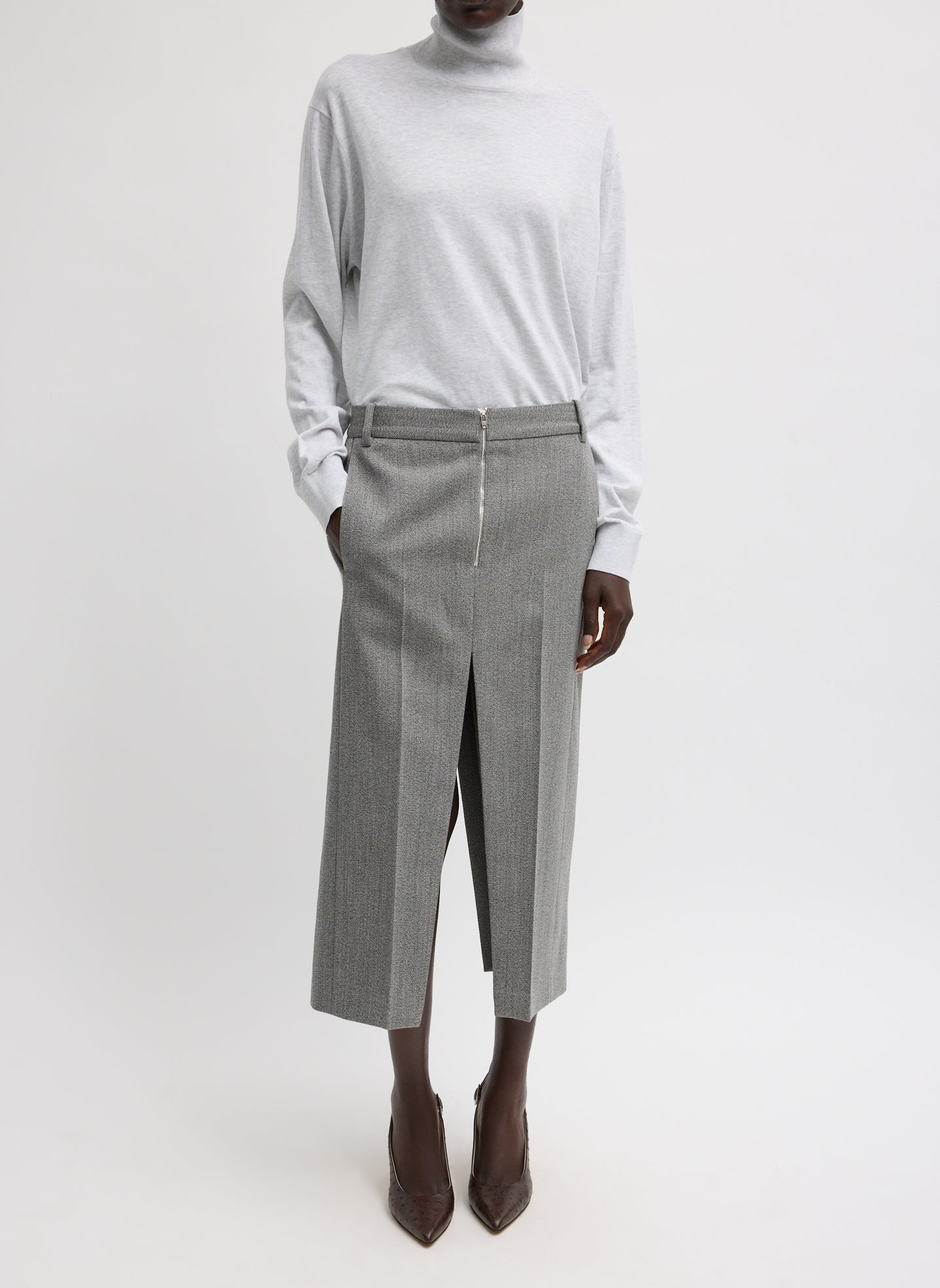 Structured Wool Zip Front Midi Trouser Skirt - Grey Structured Wool Zip Front Midi Trouser Skirt - full look, front view on model