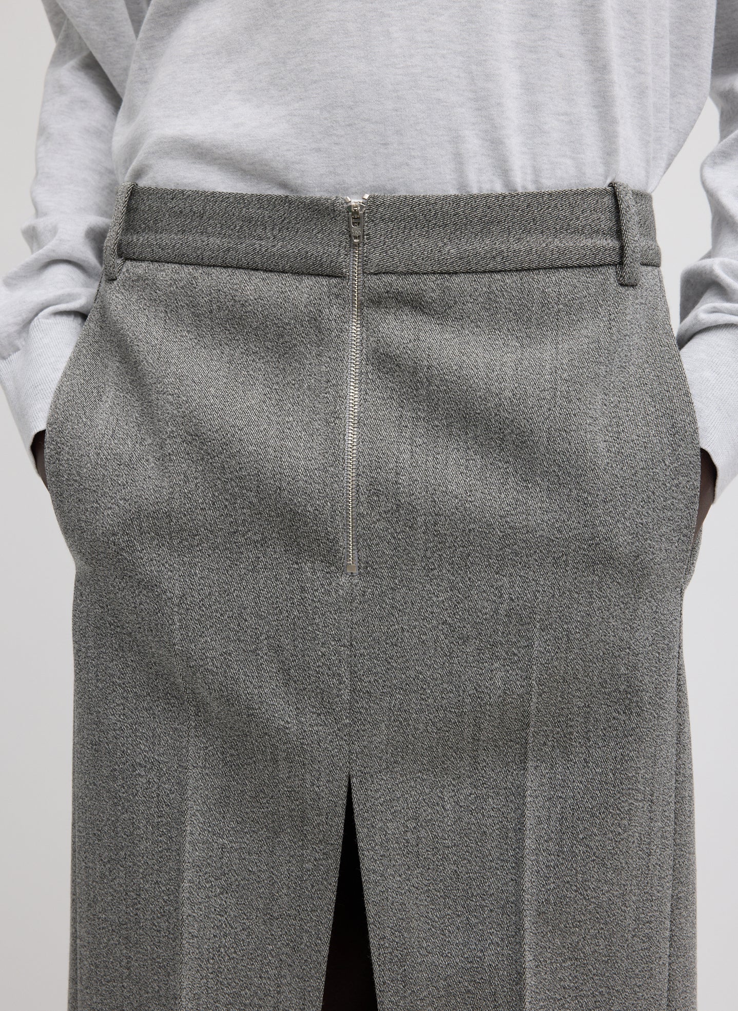 Grey Structured Wool Zip Front Midi Trouser Skirt - close up of zip front detail