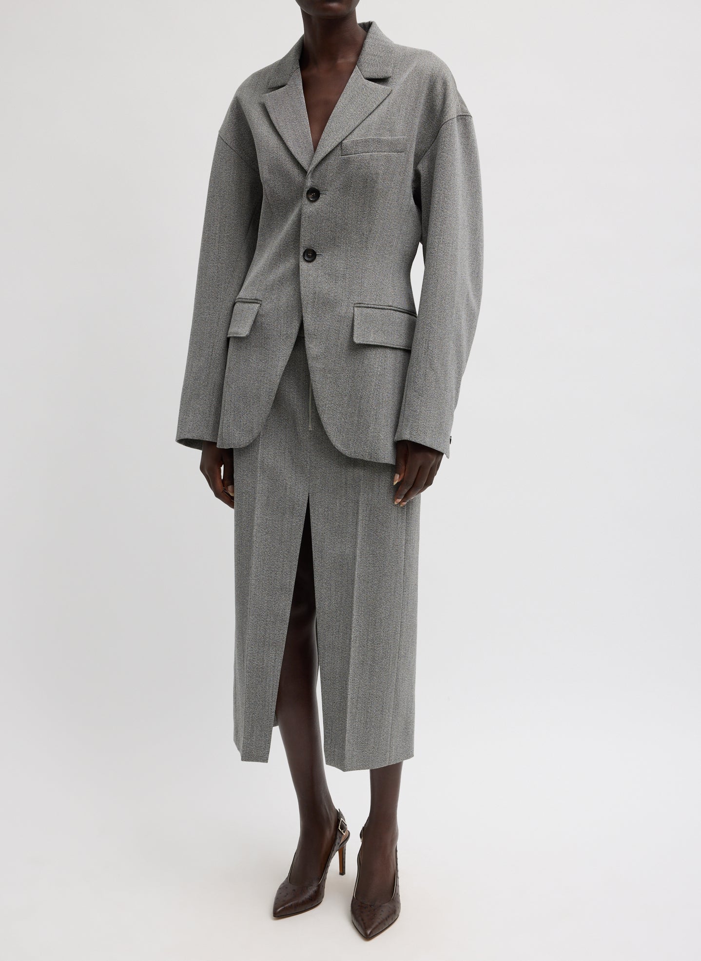 Structured Wool Sculpted Blazer - Grey Structured Wool Sculpted Blazer - full look, front view on model
