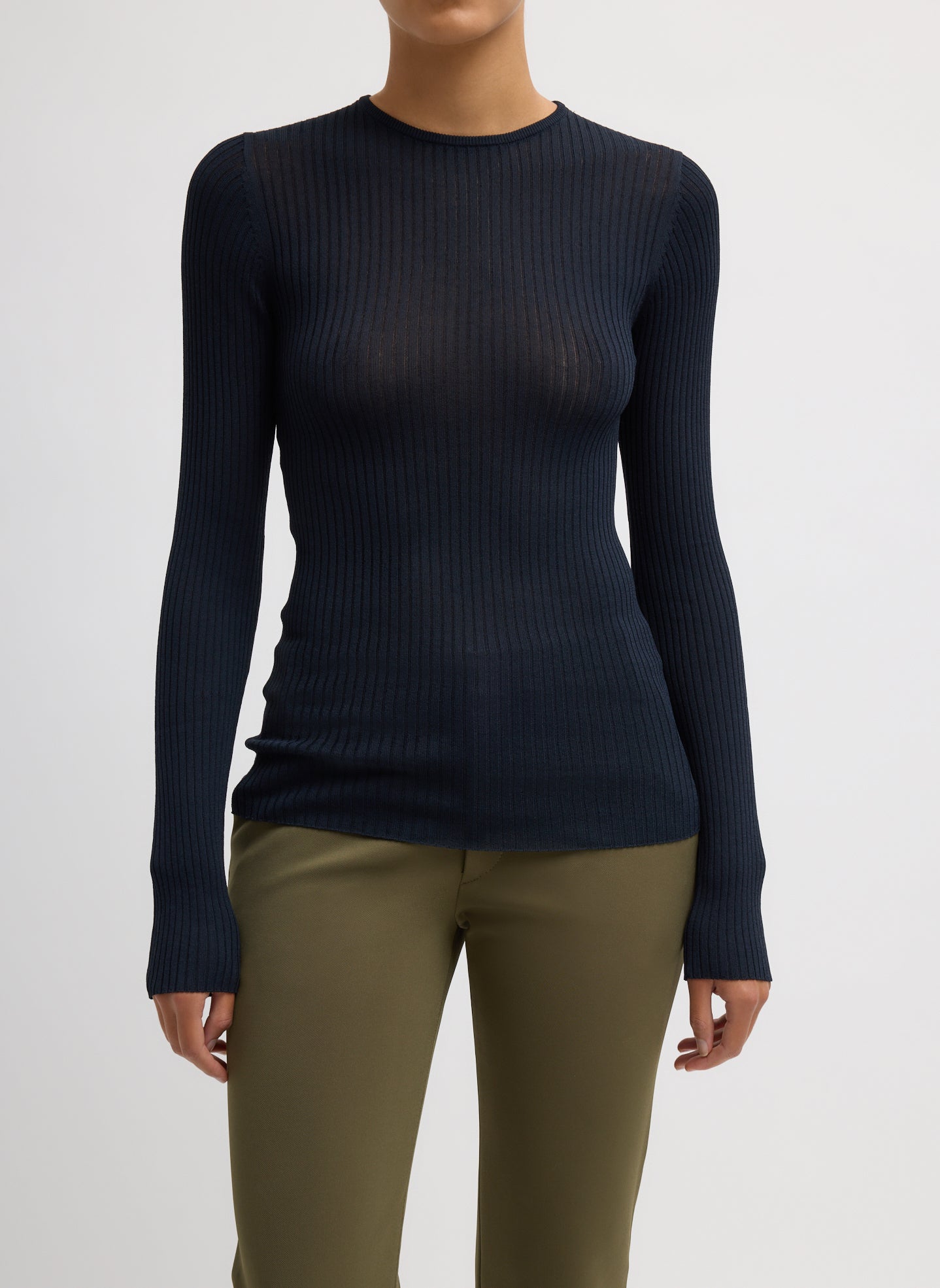 Ribbed Sweater Crewneck Pullover - Navy Ribbed Crewneck - long sleeve, thin knit, front view on model